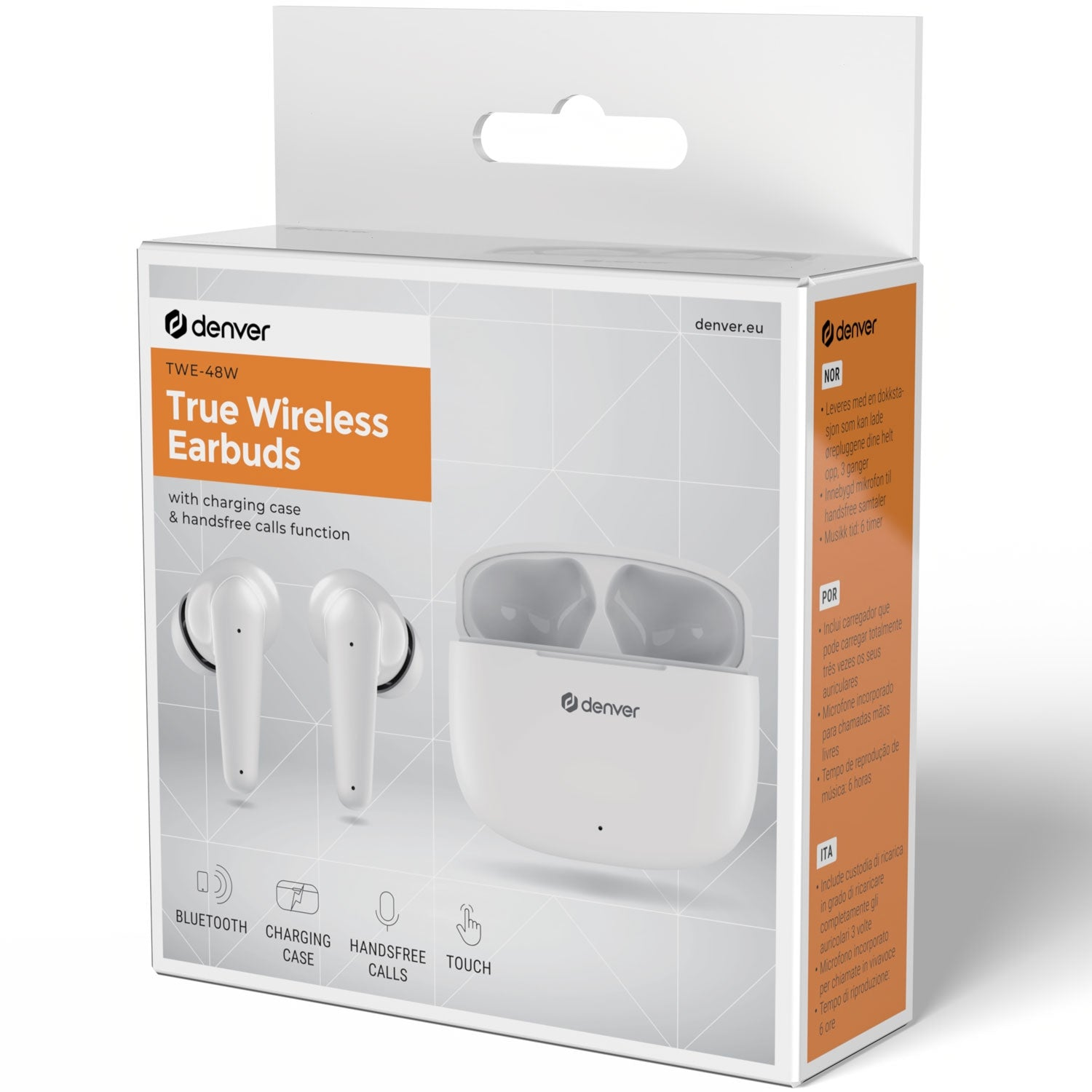 Białe słuchawki i etui ładujące na pudełku. Tekst: 'True Wireless Earbuds' i marka 'Denver'.