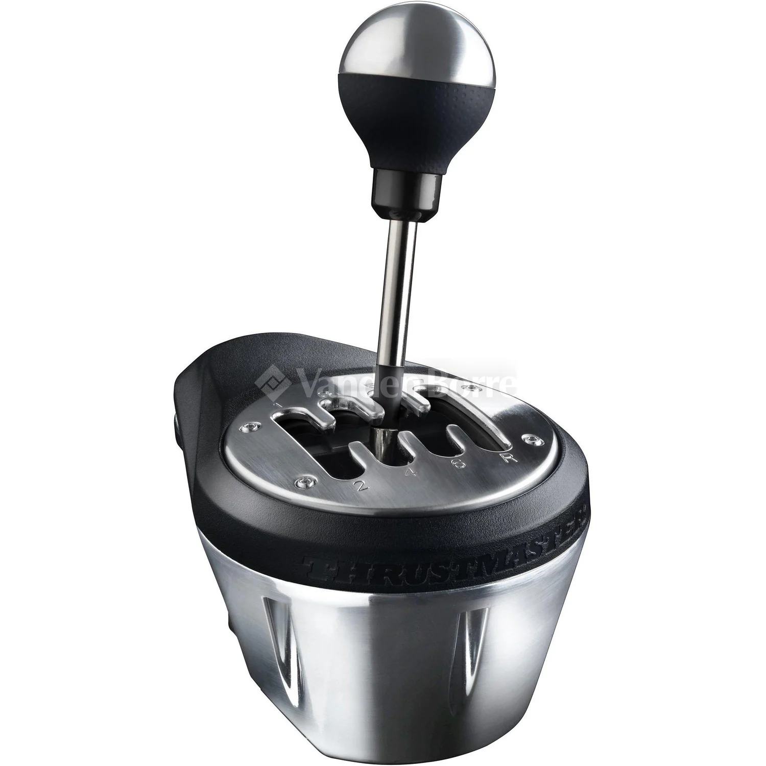 A silver and black Thrustmaster shifter. The shifter has a metallic base, a black top, and a silver shift knob.