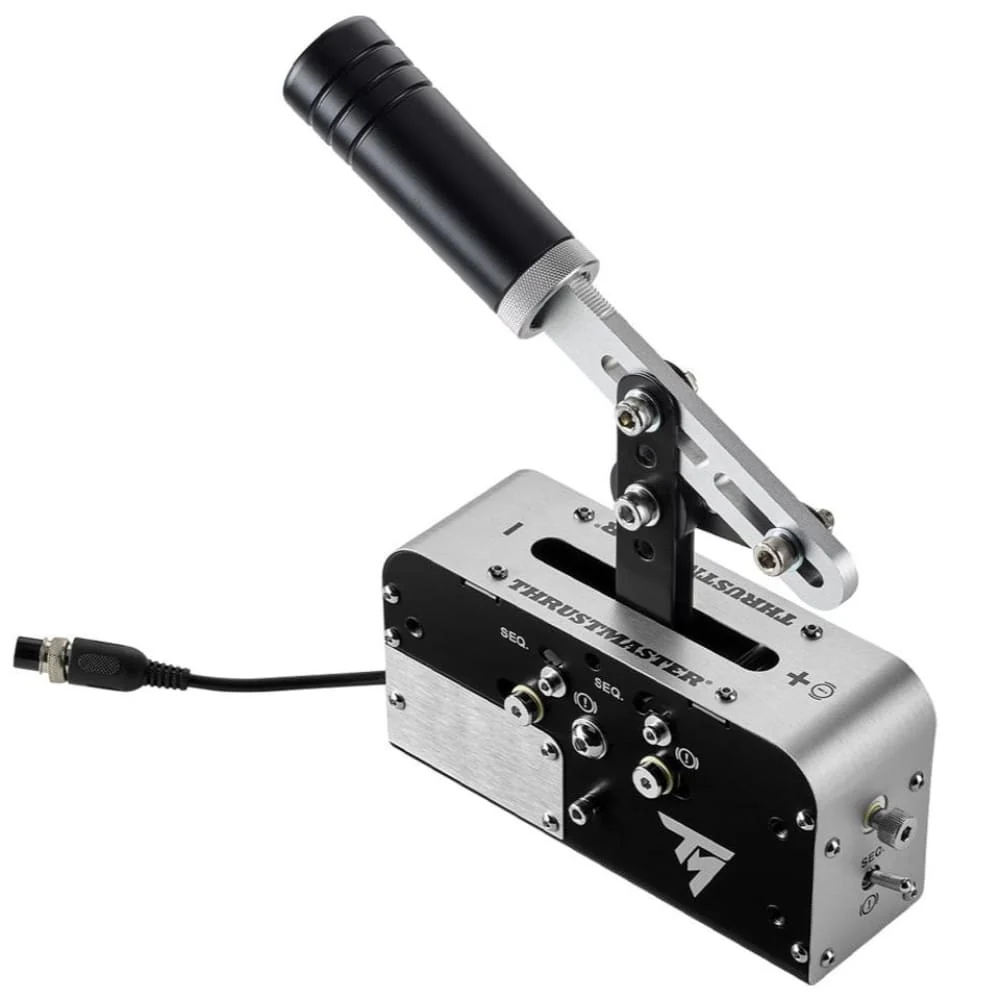 A Thrustmaster sequential shifter. It has a black handle, silver arm, and a silver and black base with various ports and the Thrustmaster logo.