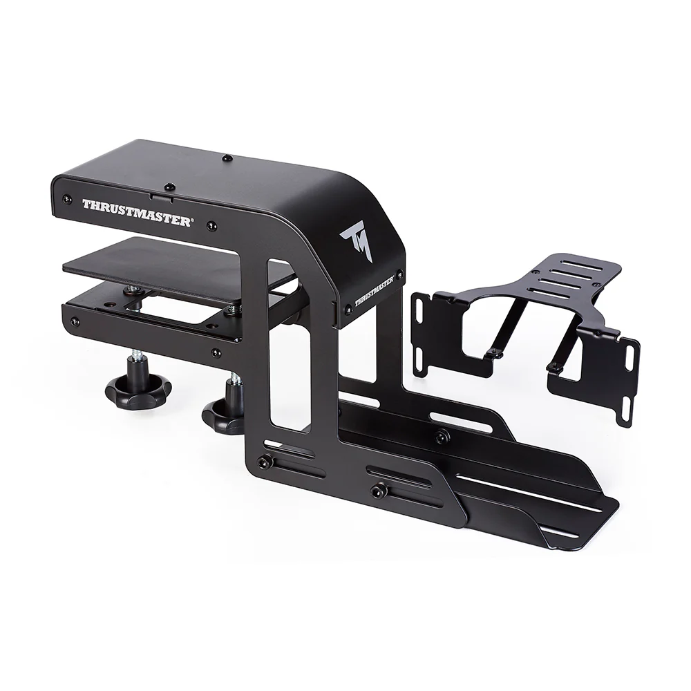 Black Thrustmaster gaming wheel stand on white. It has a top shelf, two side supports, and a base for pedals.
