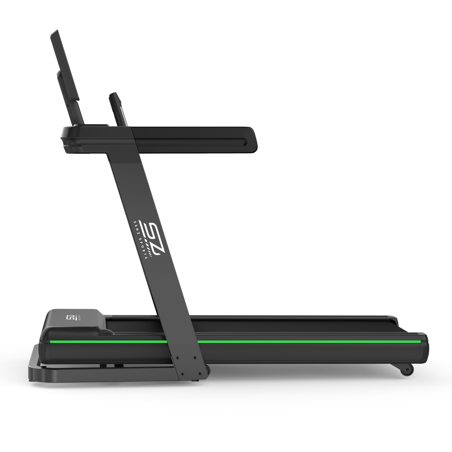 A black treadmill with green accents. The brand name 'SENZ SPORTS' is visible. The background is white.