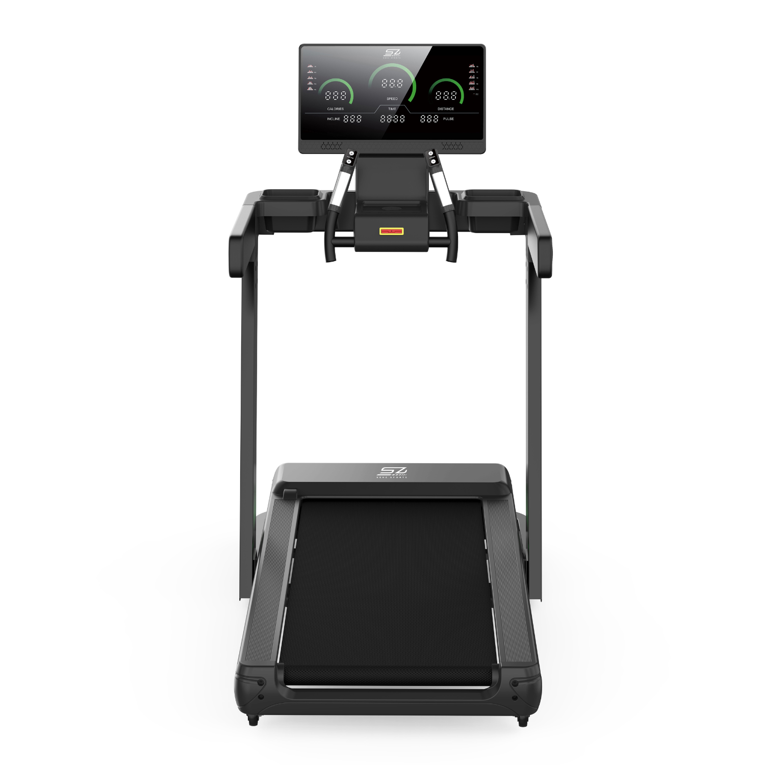 A black treadmill with a digital display showing metrics like speed, distance, and calories. It's set against a white background.