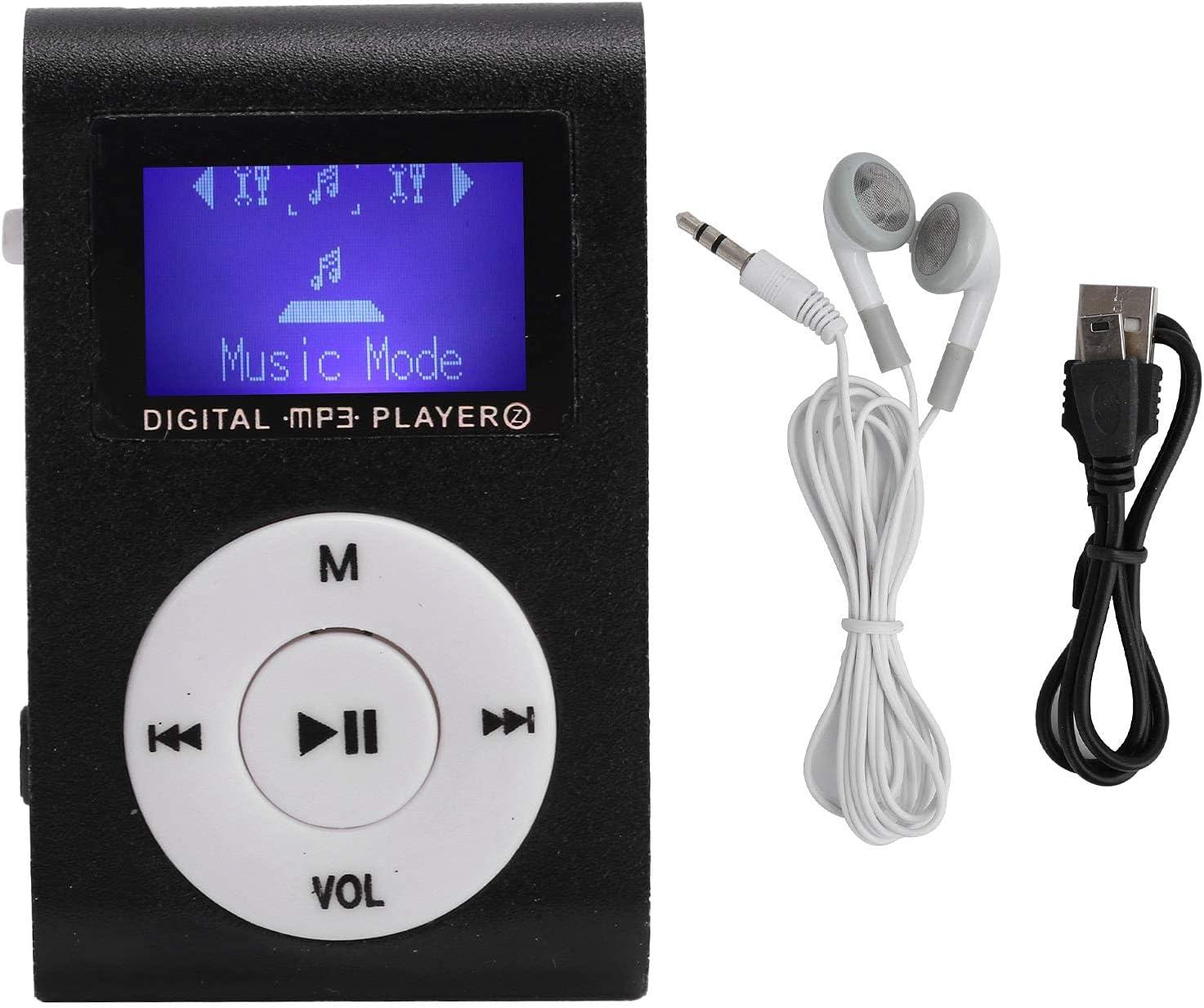 Ein schwarzer MP3-Player mit Bildschirm, der 'Music Mode' anzeigt, Kopfhörer und ein USB-Kabel auf weißem Hintergrund.