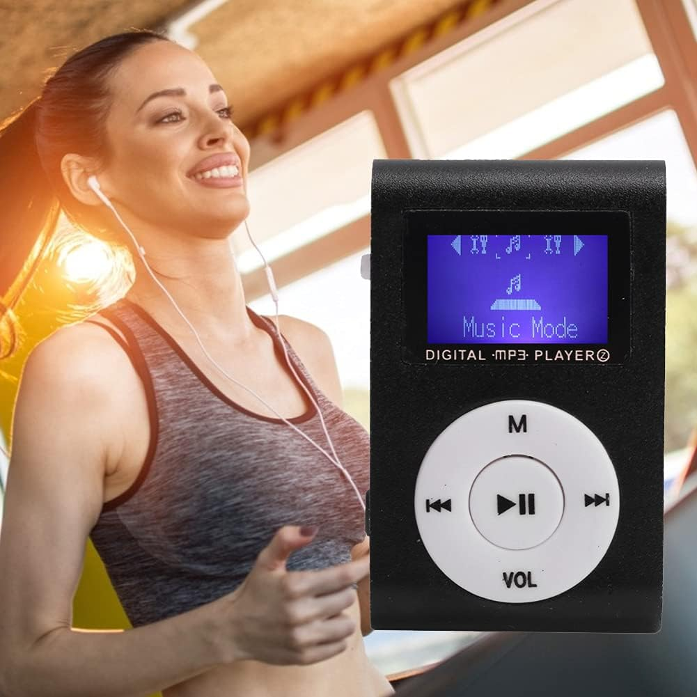 Frau läuft, trägt Kopfhörer, lächelt. Ein schwarzer MP3-Player zeigt 'Music Mode'.
