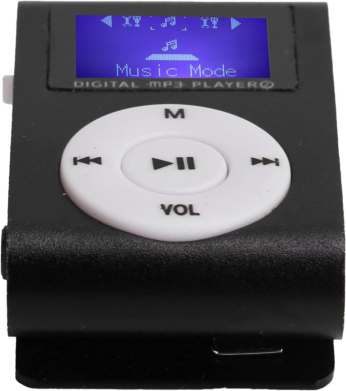 Ein schwarzer MP3-Player mit weißem Steuerwahlrad. Der Bildschirm zeigt 'Musikmodus'. Tasten für Wiedergabe/Pause, Überspringen und Lautstärke sind sichtbar.