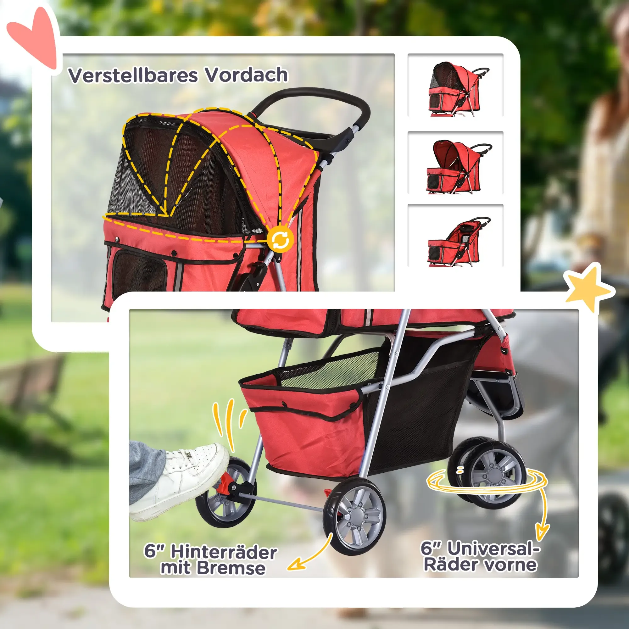 Roter Haustier-Kinderwagen mit verstellbarem Verdeck, Hinterradbremsen und universellen Vorderrädern, mit Fuß gezeigt.