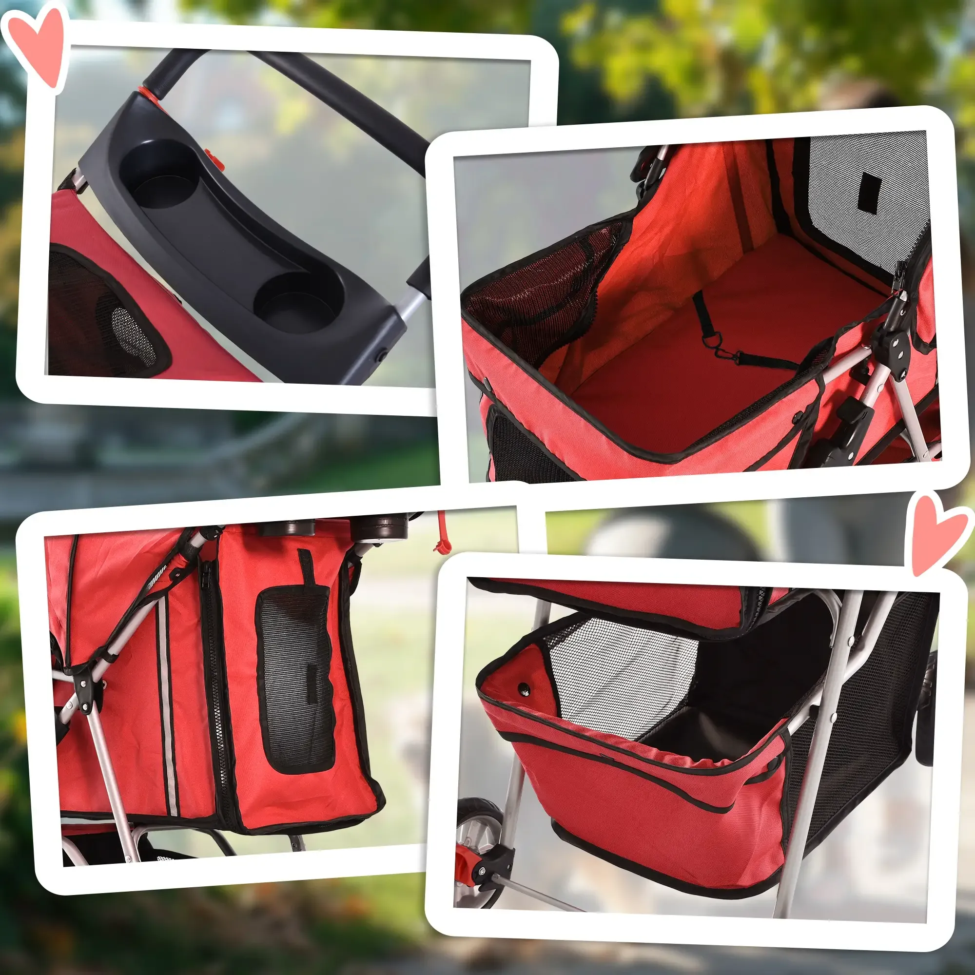 Roter Haustier-Kinderwagen mit schwarzem Netz und Getränkehaltern. Details umfassen Reißverschlusstaschen, einen Kordelzug und einen schwarzen Griff.