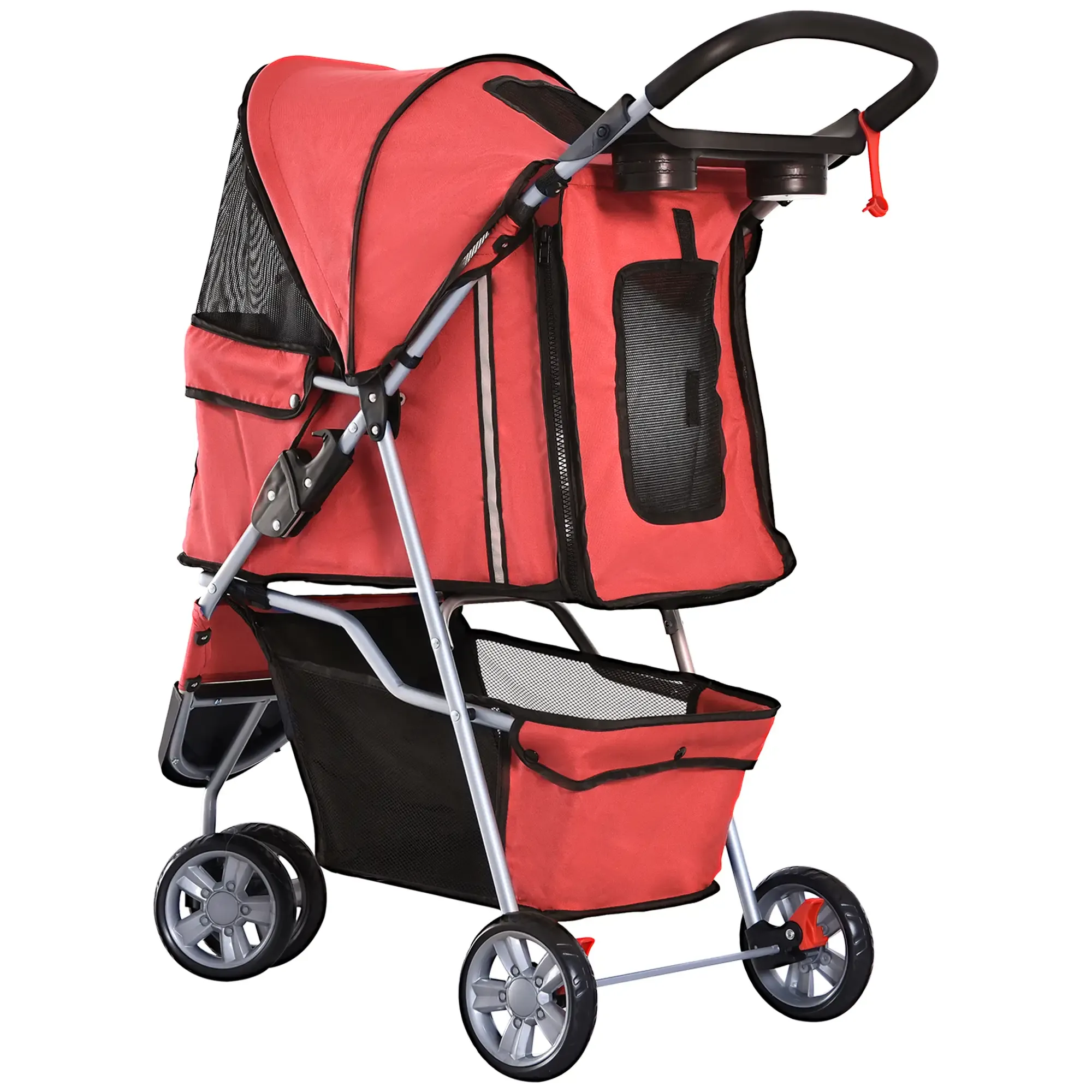 Ein roter Haustier-Kinderwagen mit schwarzen Mesh-Fenstern, einem schwarzen Griff und vier grauen Rädern. Er hat einen Aufbewahrungskorb.