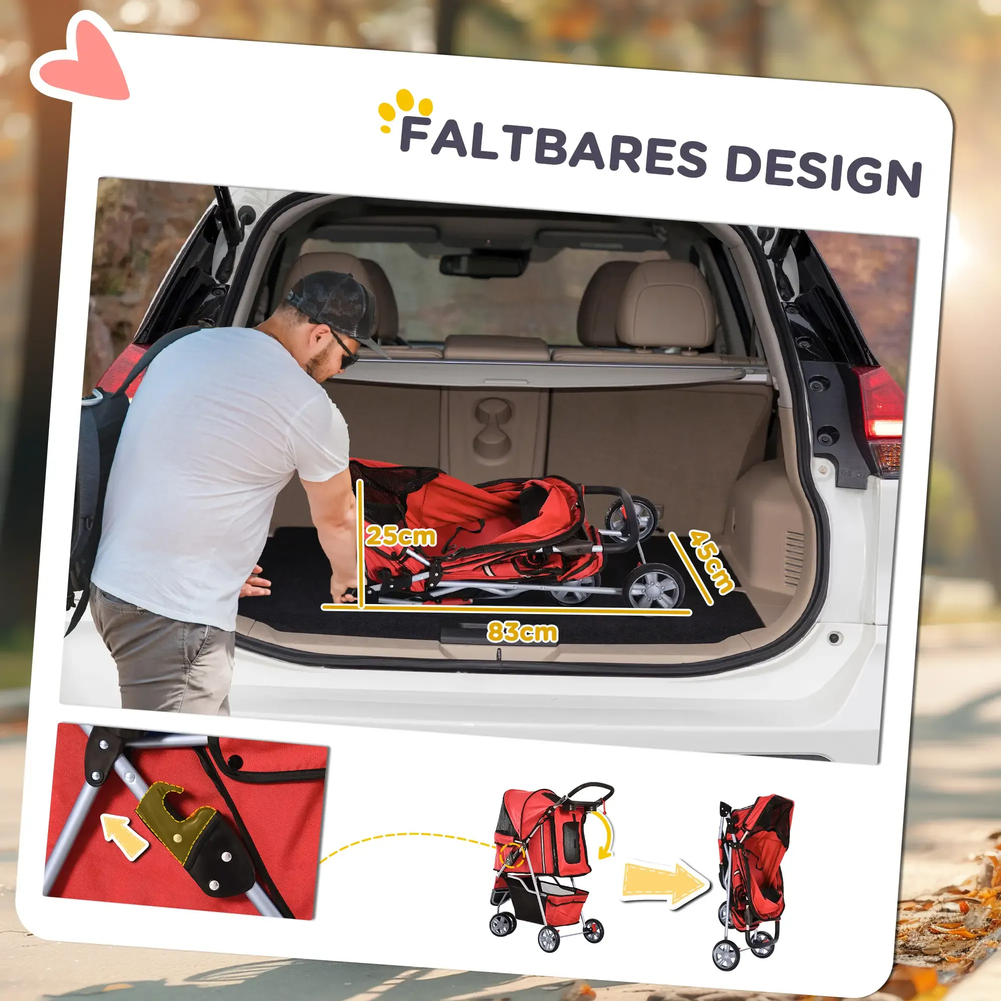 Ein Mann in weißem Hemd verlädt einen roten Kinderwagen in einen Kofferraum. Abmessungen werden angezeigt. Der Text „Faltbares Design“ steht oben.