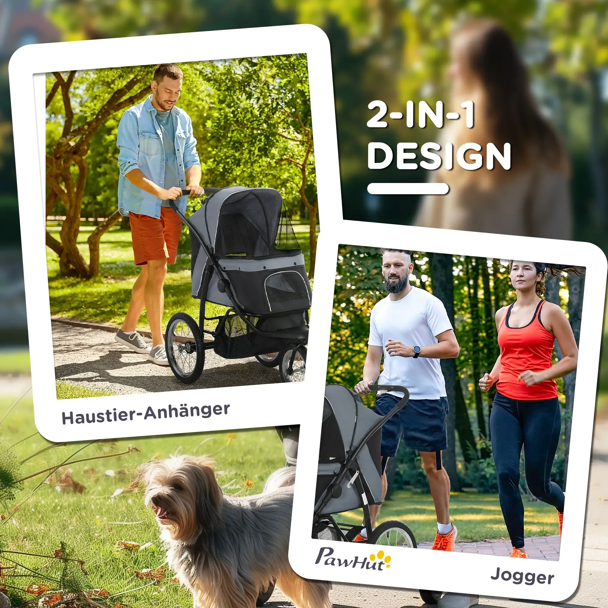 Das Bild zeigt einen Hundeanhänger, mit einem Mann, der ihn schiebt, und ein Paar, das mit einem ähnlichen Kinderwagen joggt. Der Hintergrund ist ein Park.