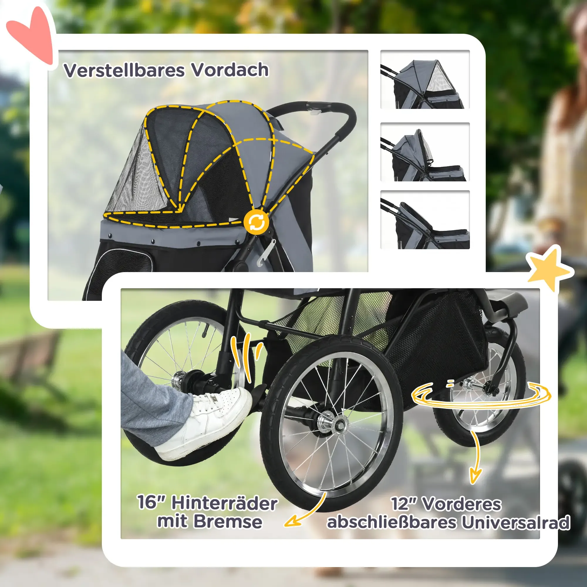 Ein Haustier-Kinderwagen mit verstellbarem Verdeck, 16" Hinterrädern mit Bremse und 12" Vorderrad. Fuß auf Bremspedal.