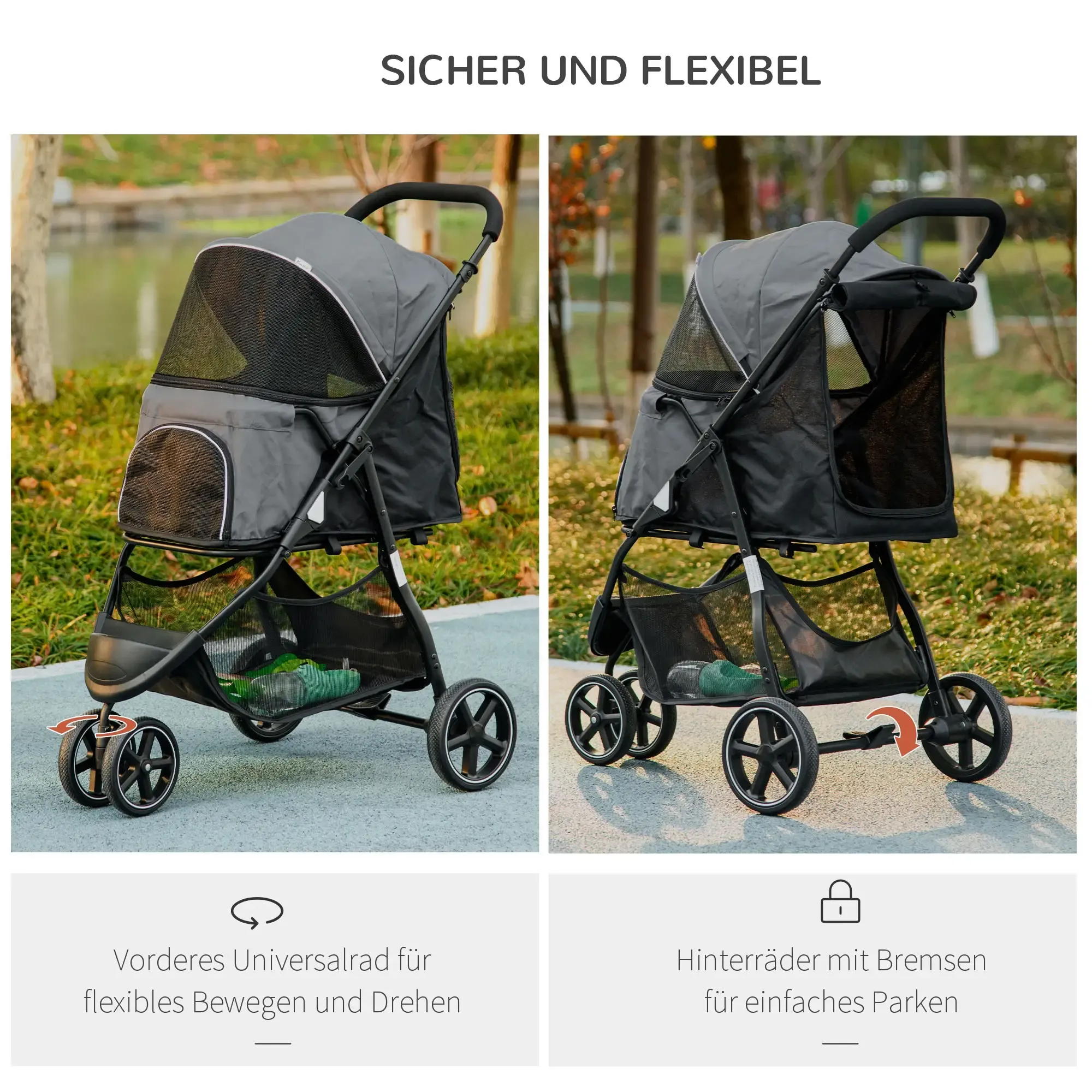 Zwei Tierkinderwagen nebeneinander. Graue Verdecke mit Netztüren, schwarze Rahmen und Räder. Text lautet: „Sicher und flexibel“.