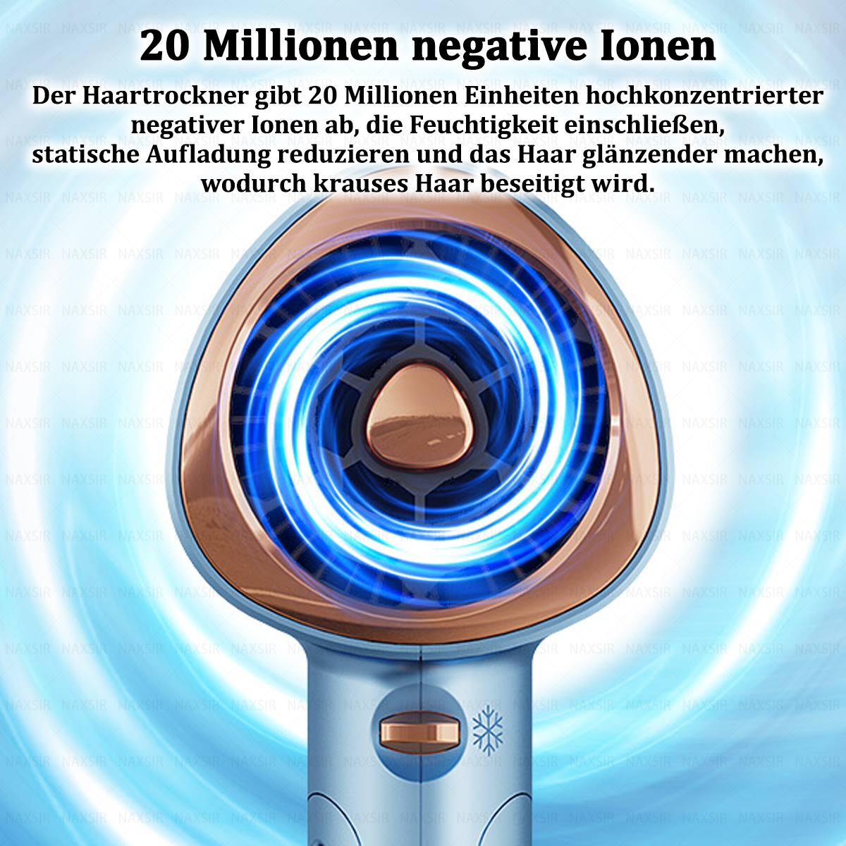 Un asciugacapelli blu e oro con un vortice blu brillante. Testo: 20 milioni di ioni negativi.