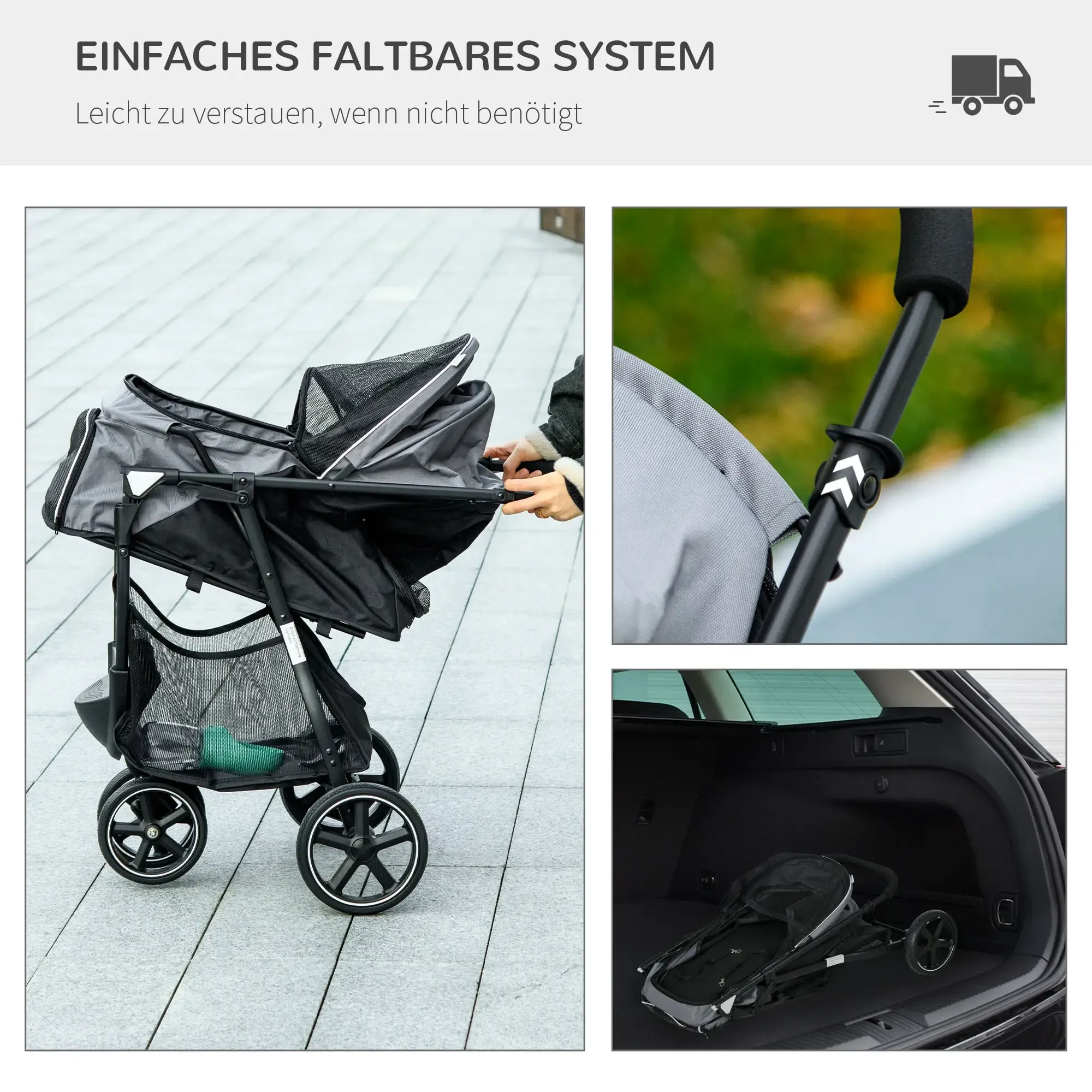 Ein zusammenklappbarer Tier-Kinderwagen, schwarz und grau, wird gezeigt. Details sind Griff, Räder und ein Aufbewahrungskorb. Er ist auch im Auto zusammengeklappt.