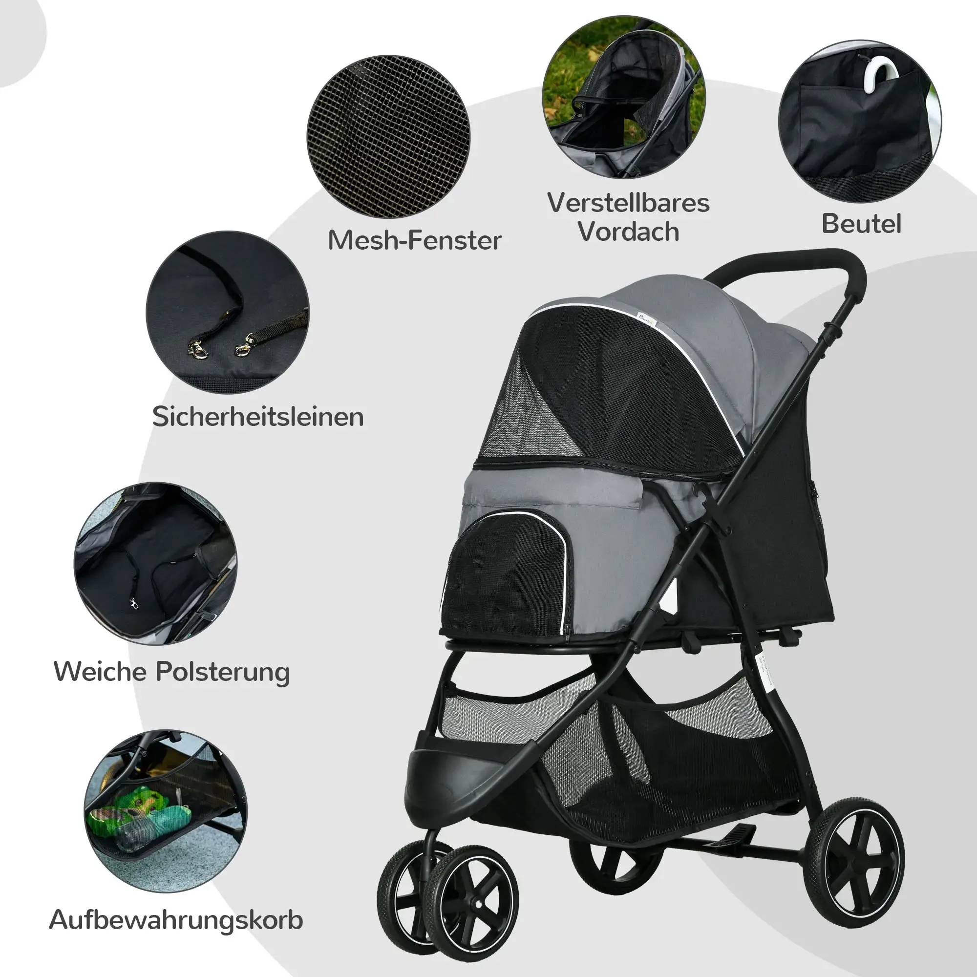 Ein Tierkinderwagen mit grauem Verdeck und schwarzem Rahmen. Mit Mesh-Fenstern, Aufbewahrungskorb und Sicherheitsleinen. Details sind Taschen und weiche Polsterung.