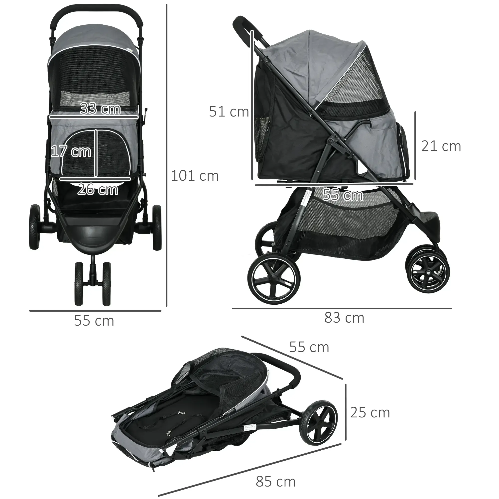 Ein Haustier-Kinderwagen wird aus mehreren Blickwinkeln gezeigt. Er hat grauen und schwarzen Stoff, mit Maßangaben für Höhe und Breite.