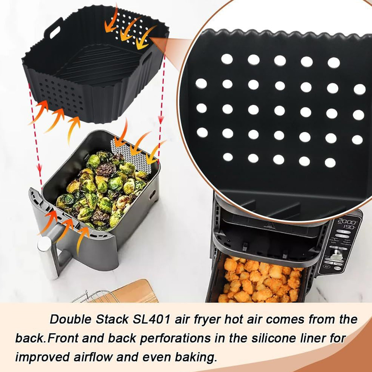 Ein Airfryer zeigt die Silikonauskleidung und den Kochkorb. Es werden Rosenkohl und frittierte Speisen gekocht, mit einer Einlage des Liners.