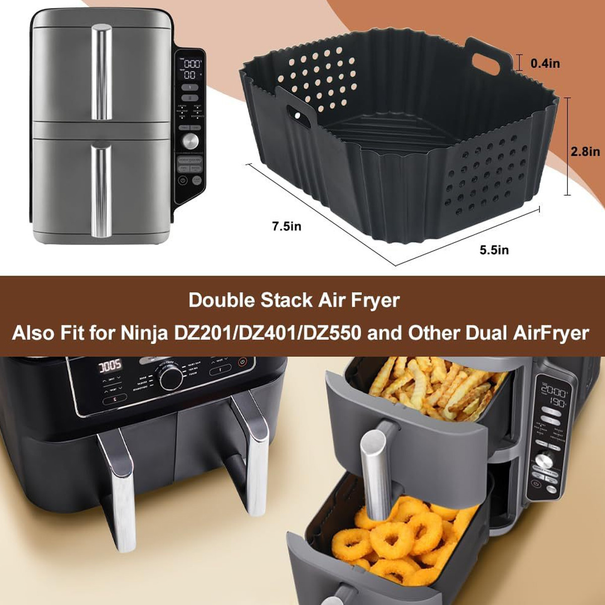 Eine Heißluftfritteuse mit schwarzem Korb und einer Doppel-Heißluftfritteuse. Der Text lautet Double Stack Air Fryer und Auch passend für Ninja-Modelle.
