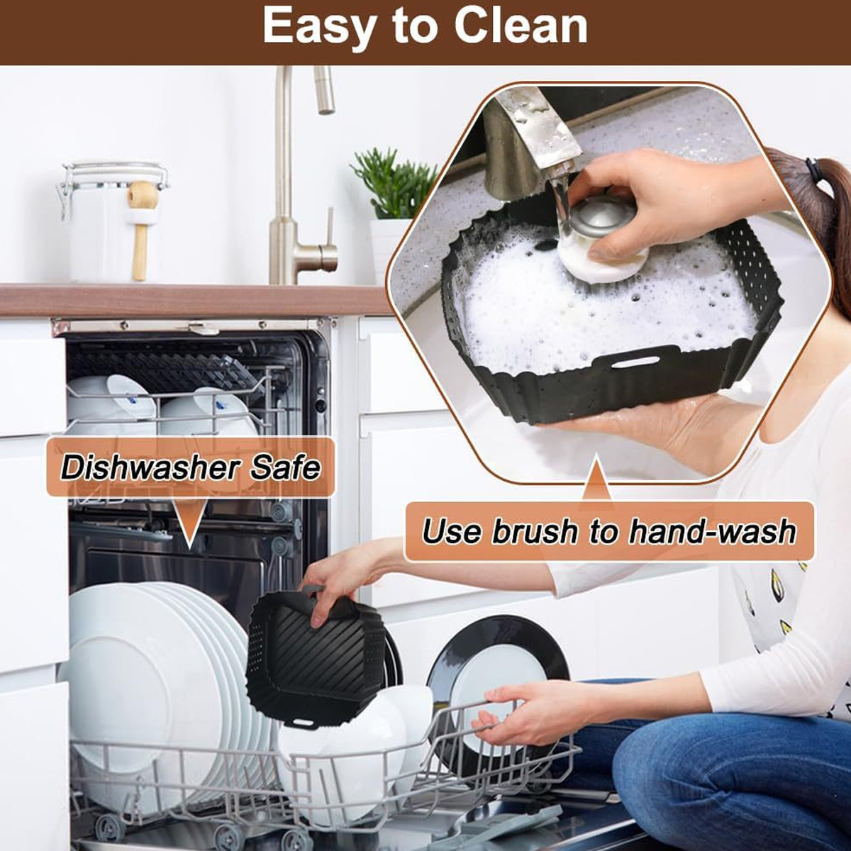 Eine Person wäscht eine schwarze Backform mit einer Bürste. Spülmaschinenfest und Handwaschanweisungen werden gezeigt.