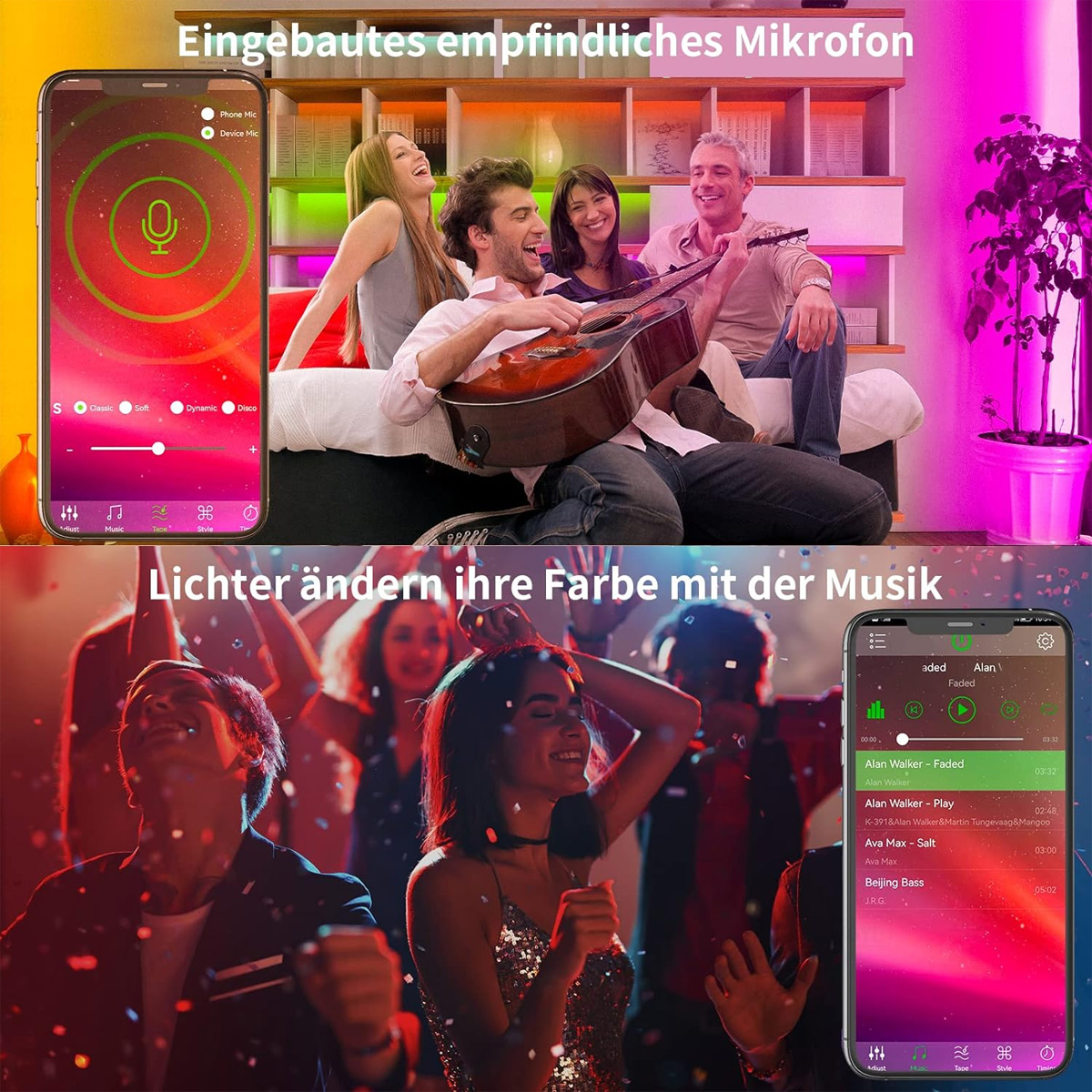 Bild zeigt zwei Szenen. Oben: Leute mit einer Gitarre. Unten: Leute tanzen auf einer Party mit einem Handy, das Musik anzeigt.