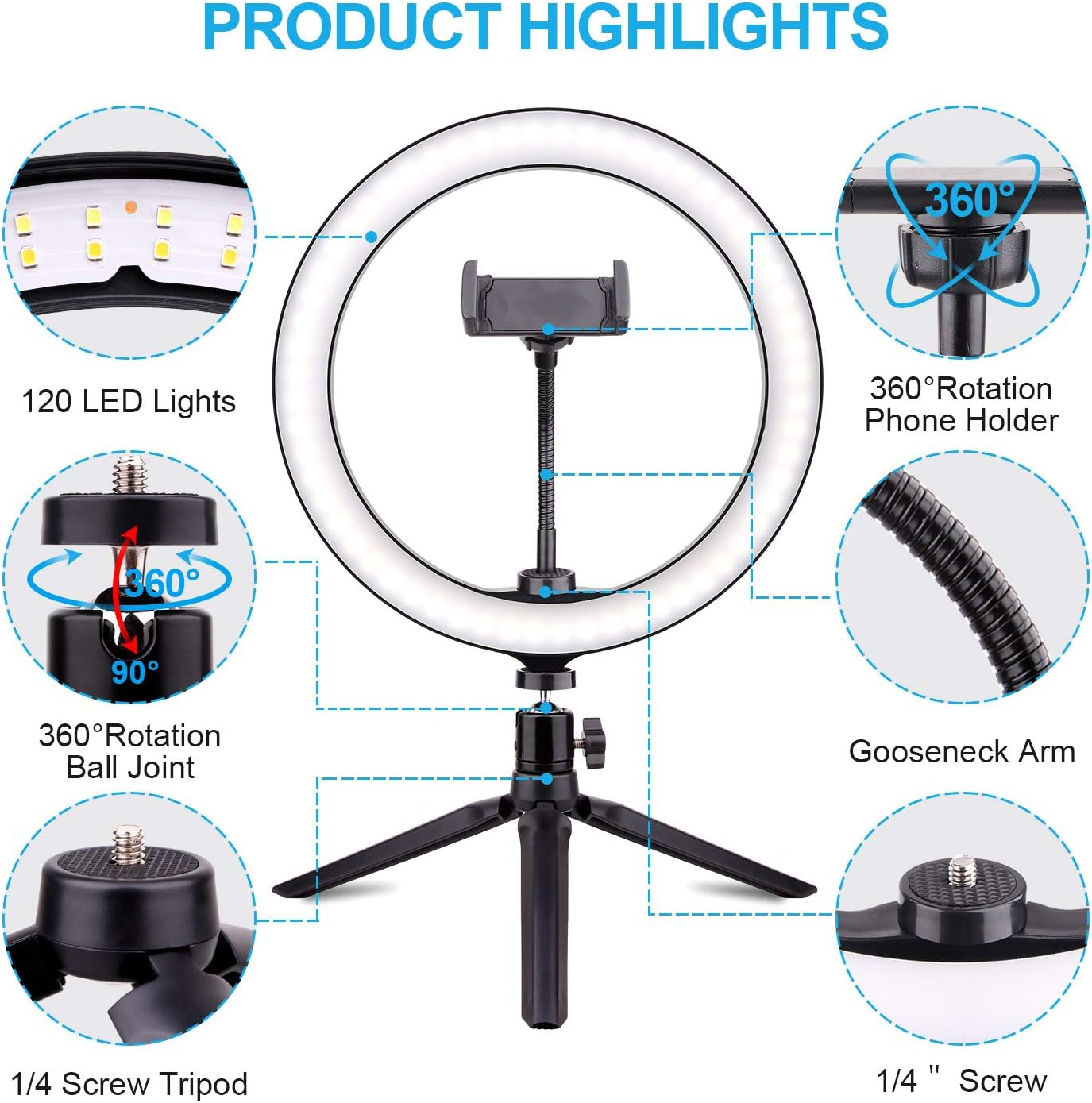 Ein Ringlicht-Kit mit Telefonhalter, Stativ und Schwanenhalsarm. Es hat 120 LED-Leuchten und dreht sich um 360 Grad.