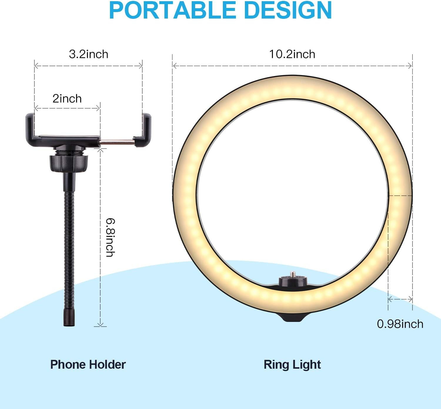Das Bild zeigt einen Telefonhalter und ein Ringlicht mit Abmessungen. Die Worte 'Portable Design' stehen oben.