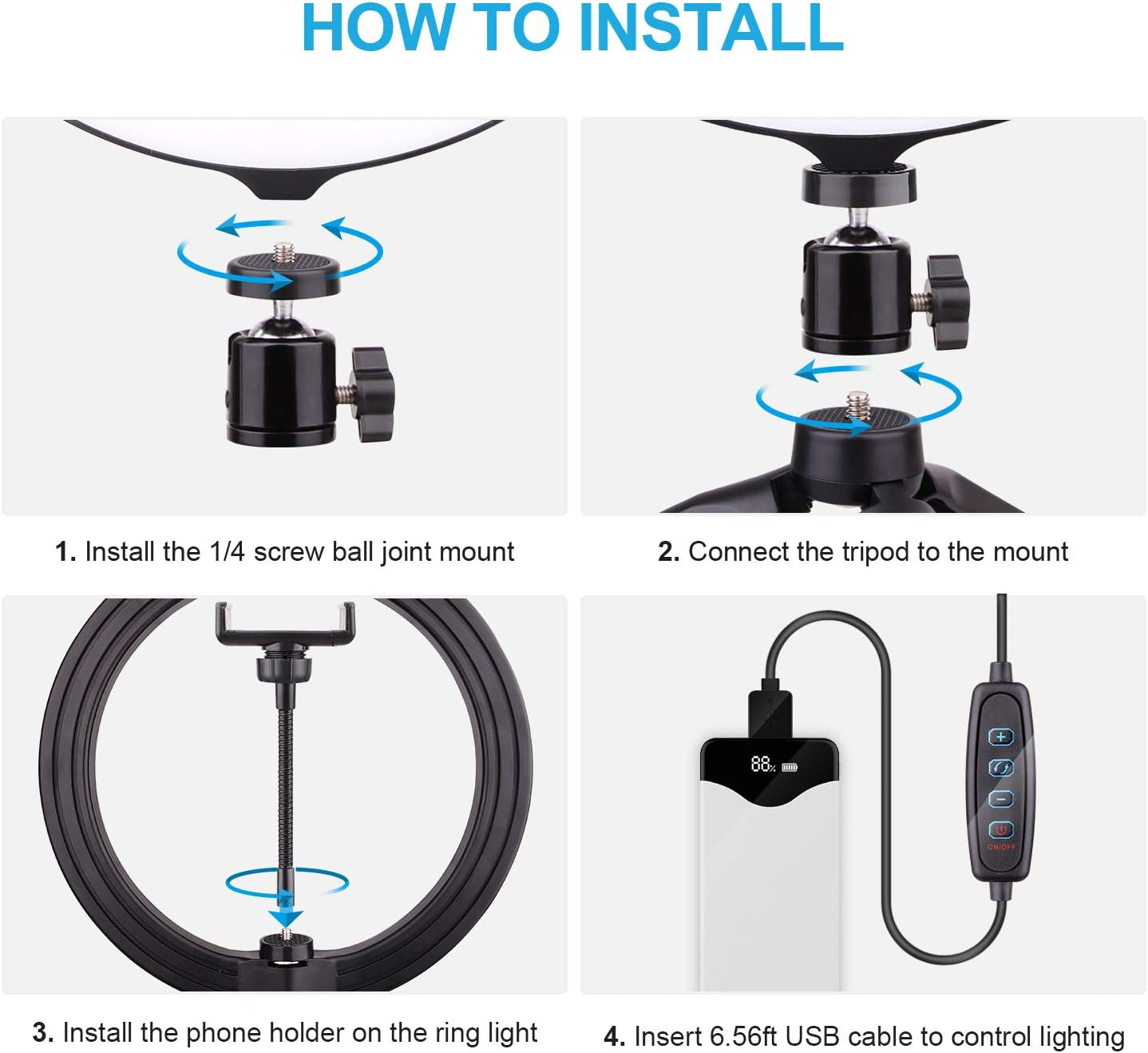 Anweisungen zeigen die Installation eines Ringlicht-Setups. Schritte umfassen die Montage von Teilen, das Anschließen eines Stativs, das Anbringen eines Telefonhalters und das Einstecken eines USB-Kabels.