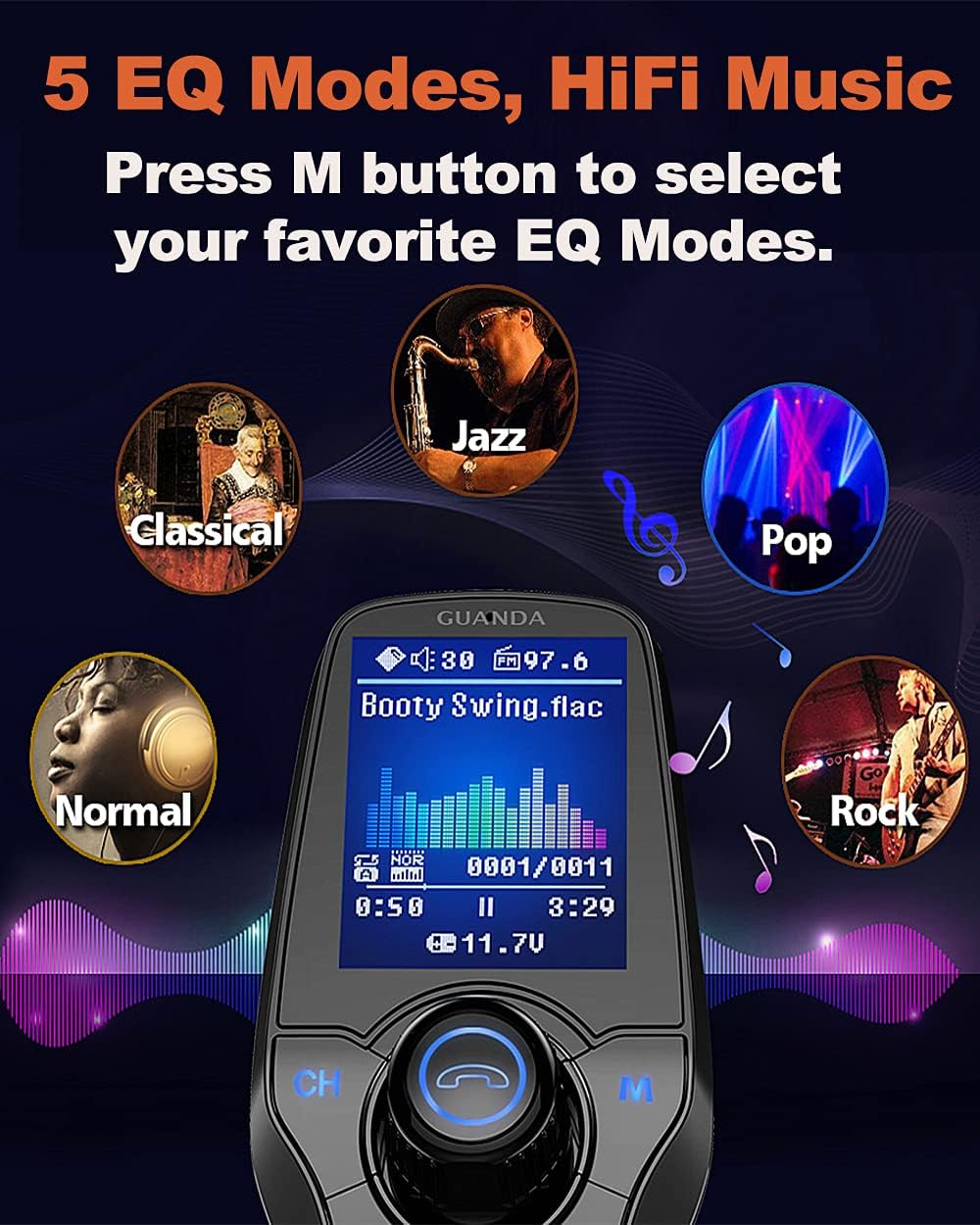 Das Bild zeigt einen Musikplayer mit EQ-Modi: Klassik, Jazz, Pop, Rock, Normal. Der Bildschirm zeigt Musikanfo und hat Knöpfe.