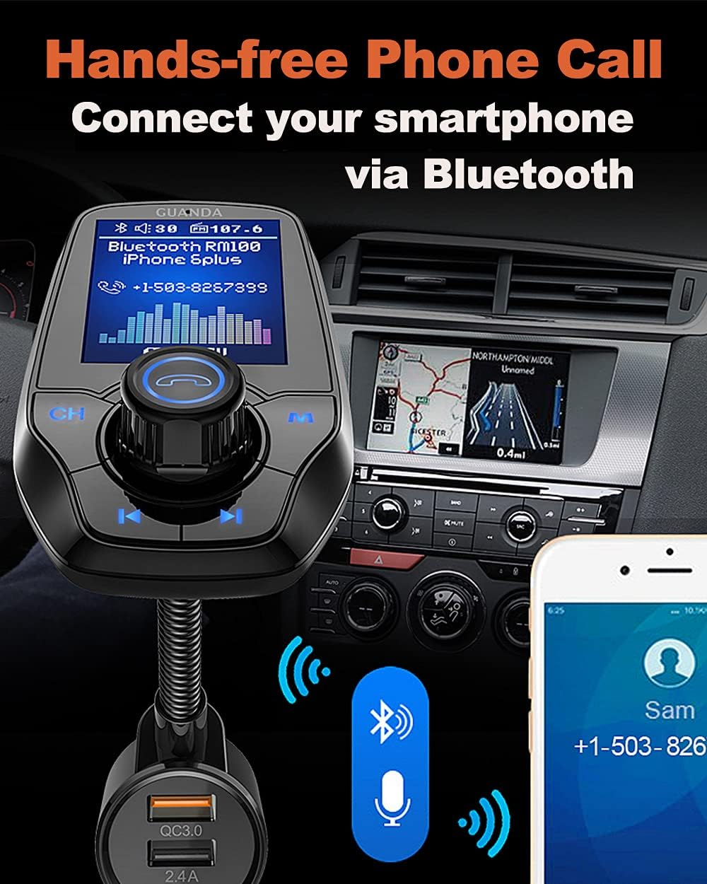 Ein Bluetooth-Gerät für das Auto mit Bildschirm, verbunden mit einem Telefon, das einen Anruf von Sam anzeigt. Das Gerät befindet sich im Auto.