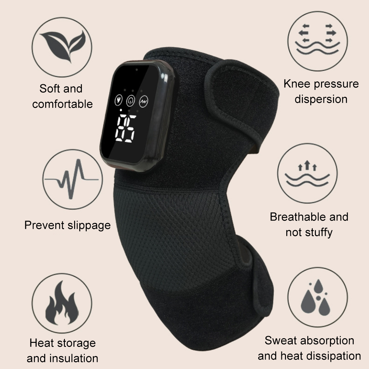 Schwarze Kniebandage mit Digitalanzeige, umgeben von Symbolen, die Funktionen wie Wärmespeicherung, Atmungsaktivität und Schweißabsorption anzeigen.