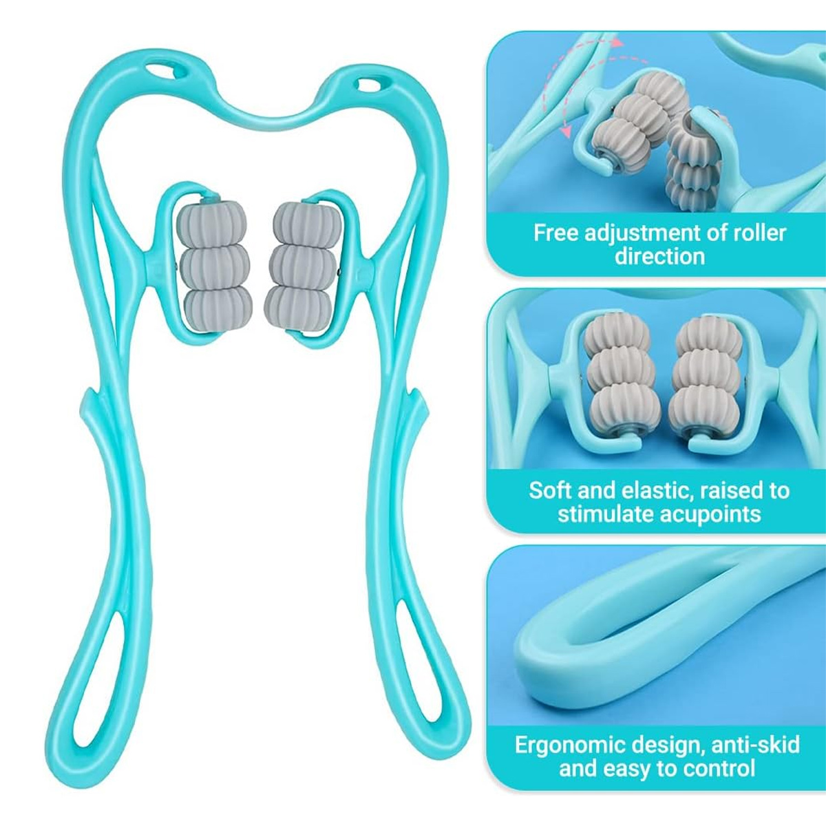 Ein blaues Nackenmassagegerät mit grauen Rollen. Merkmale sind freie Verstellung, weiche Rollen und ergonomisches Design.