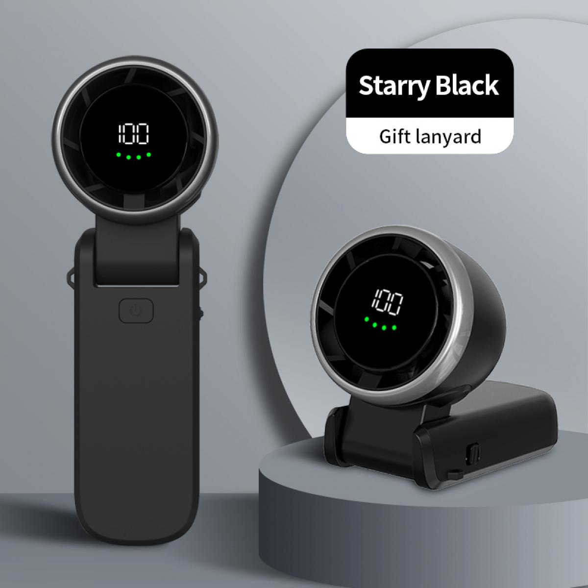 Zwei schwarze Ventilatoren mit Digitalanzeigen mit '100'. Einer aufrecht, der andere auf einem grauen Ständer. Text: 'Starry Black', 'Geschenk-Lanyard'.