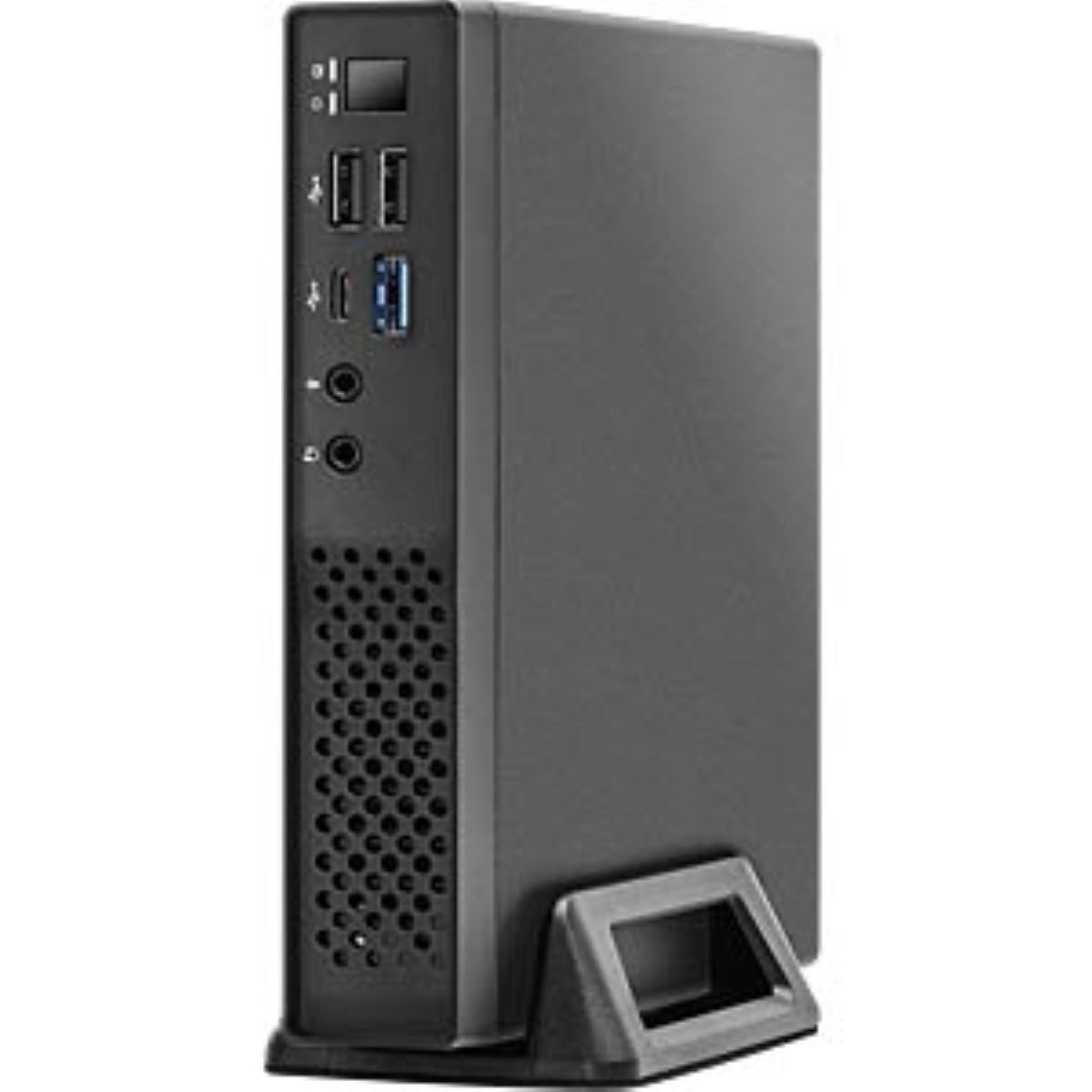 Ein schwarzer Computerturm steht aufrecht auf einem Ständer. Er hat Anschlüsse und Lüftungsschlitze auf der Vorderseite. Der Hintergrund ist schlicht.