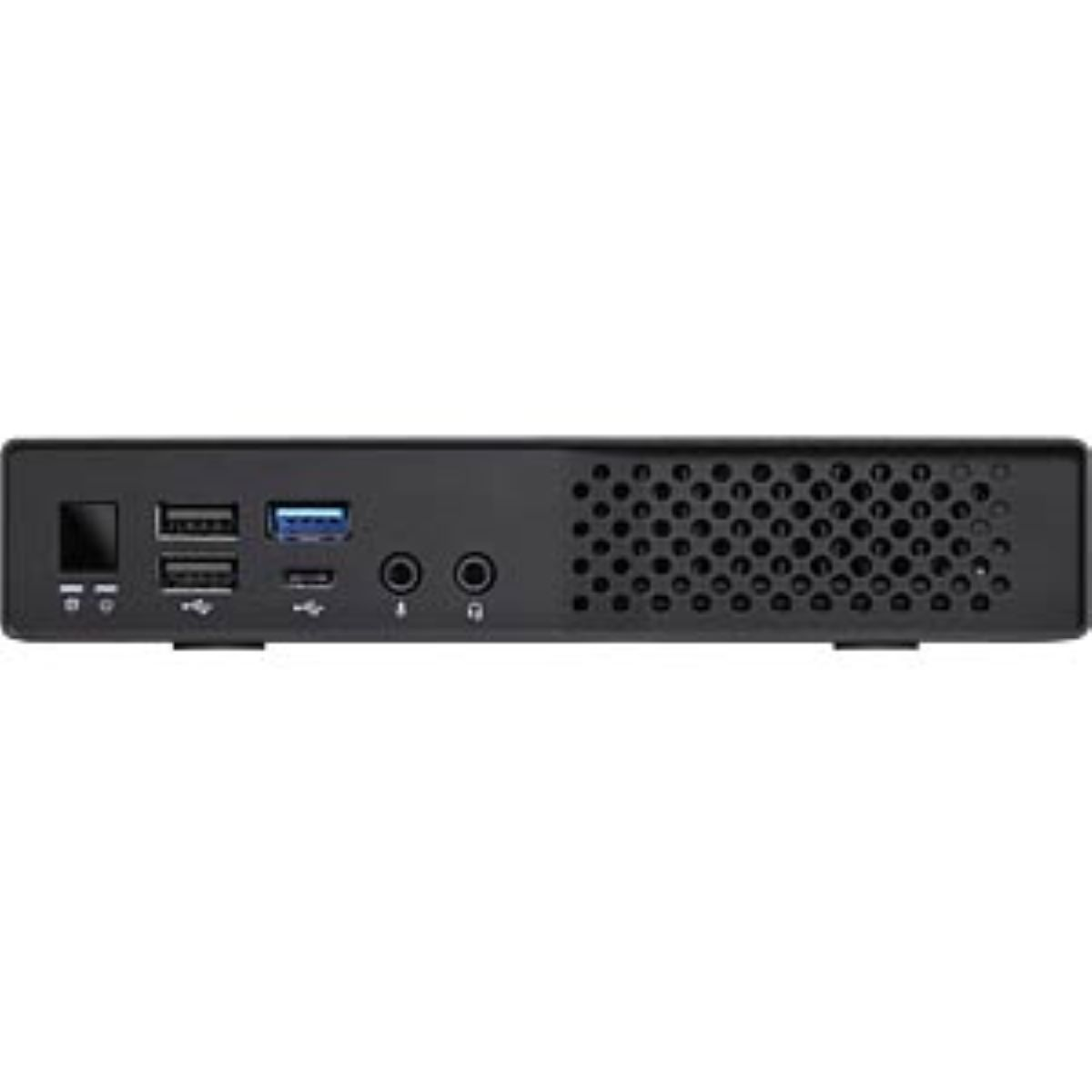Ein schwarzer Computer mit mehreren Anschlüssen, darunter USB-, Audio- und Netzwerkanschlüsse, ist vor weißem Hintergrund zentriert.