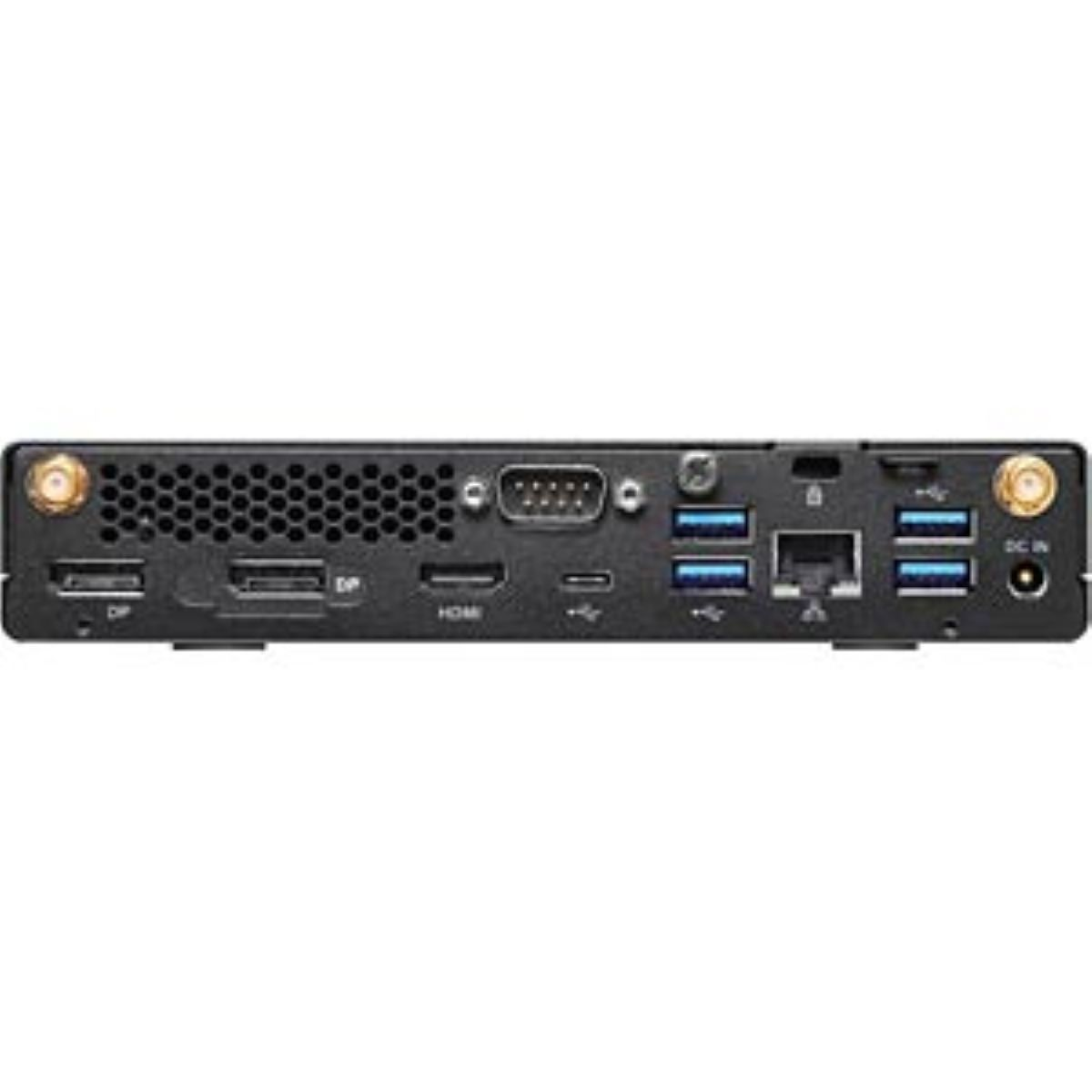 Ein schwarzes Computergerät mit mehreren Anschlüssen. Es hat einen VGA-Anschluss, USB-Anschlüsse und einen Stromeingang.