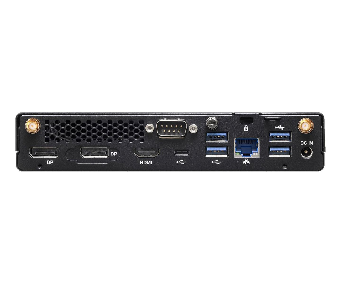 Rückansicht eines schwarzen Mini-Computers mit Anschlüssen: DisplayPort, HDMI, USB, Ethernet und DC-Eingang, mit Antennen.