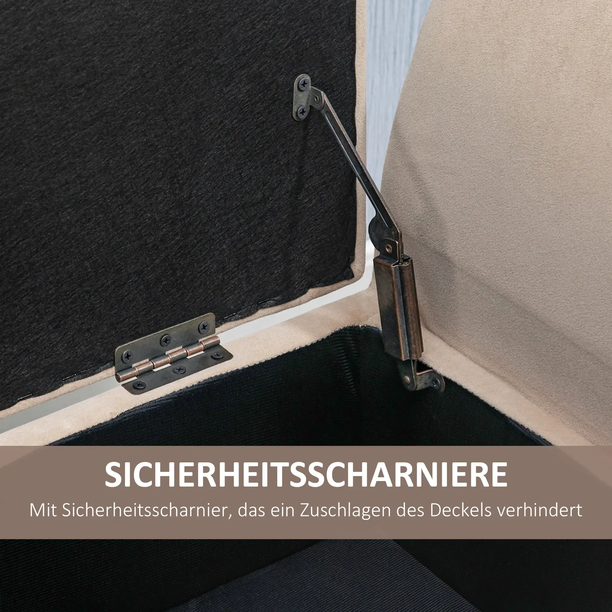 Nahaufnahme eines Scharniers und eines Sicherheitsscharniers. Innenseite des Deckels schwarz, Außenseite beige. Text auf Deutsch.