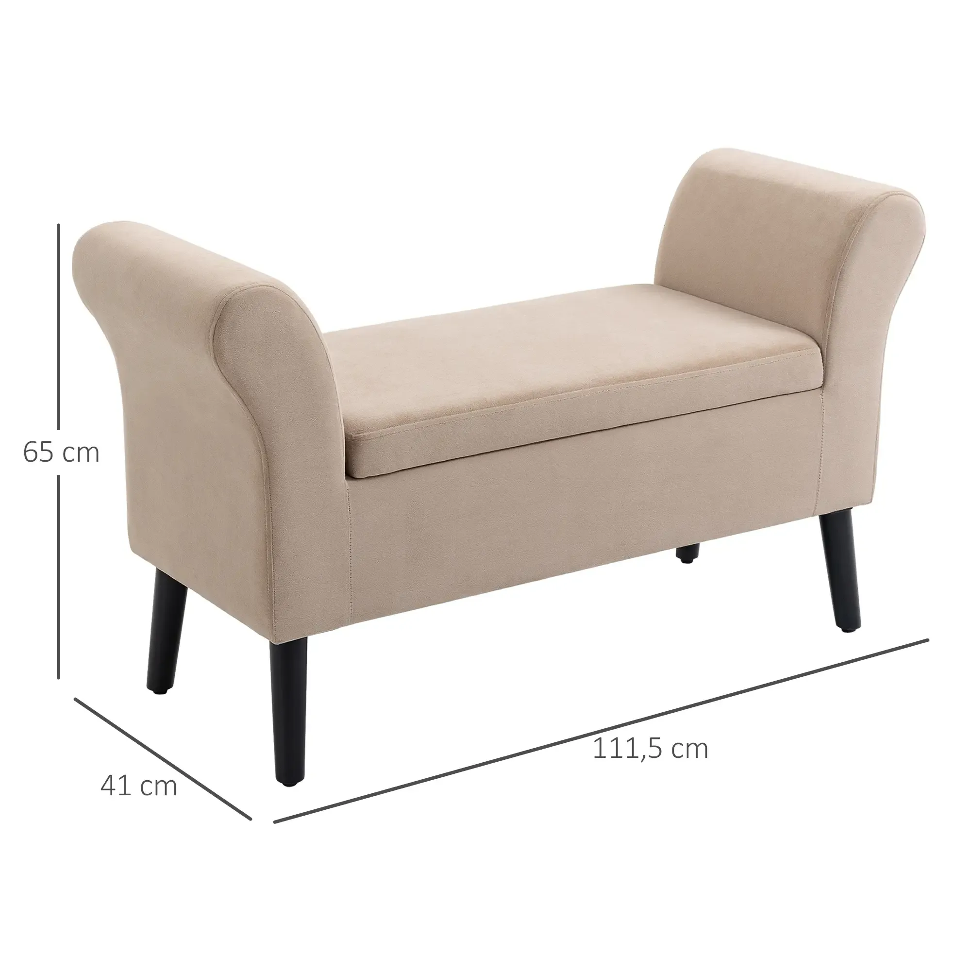 Beige gepolsterte Bank mit schwarzen Beinen. Abmessungen: 65 cm Höhe, 111,5 cm Länge und 41 cm Breite.