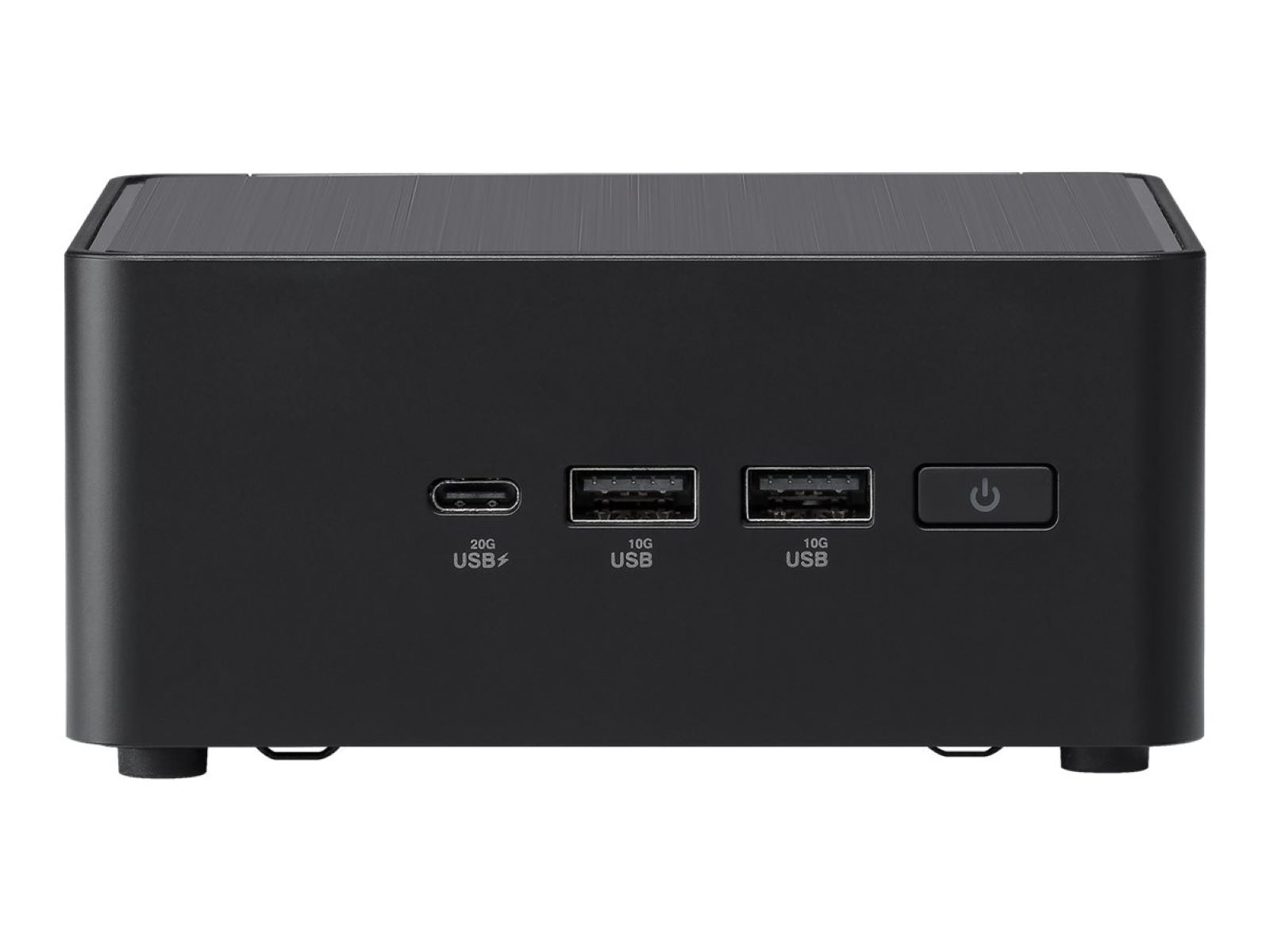 Ein schwarzer Mini-PC mit USB-Anschlüssen und einem Power-Knopf. Es hat ein schlankes Design mit strukturierter Oberfläche und minimalistischer Ästhetik.