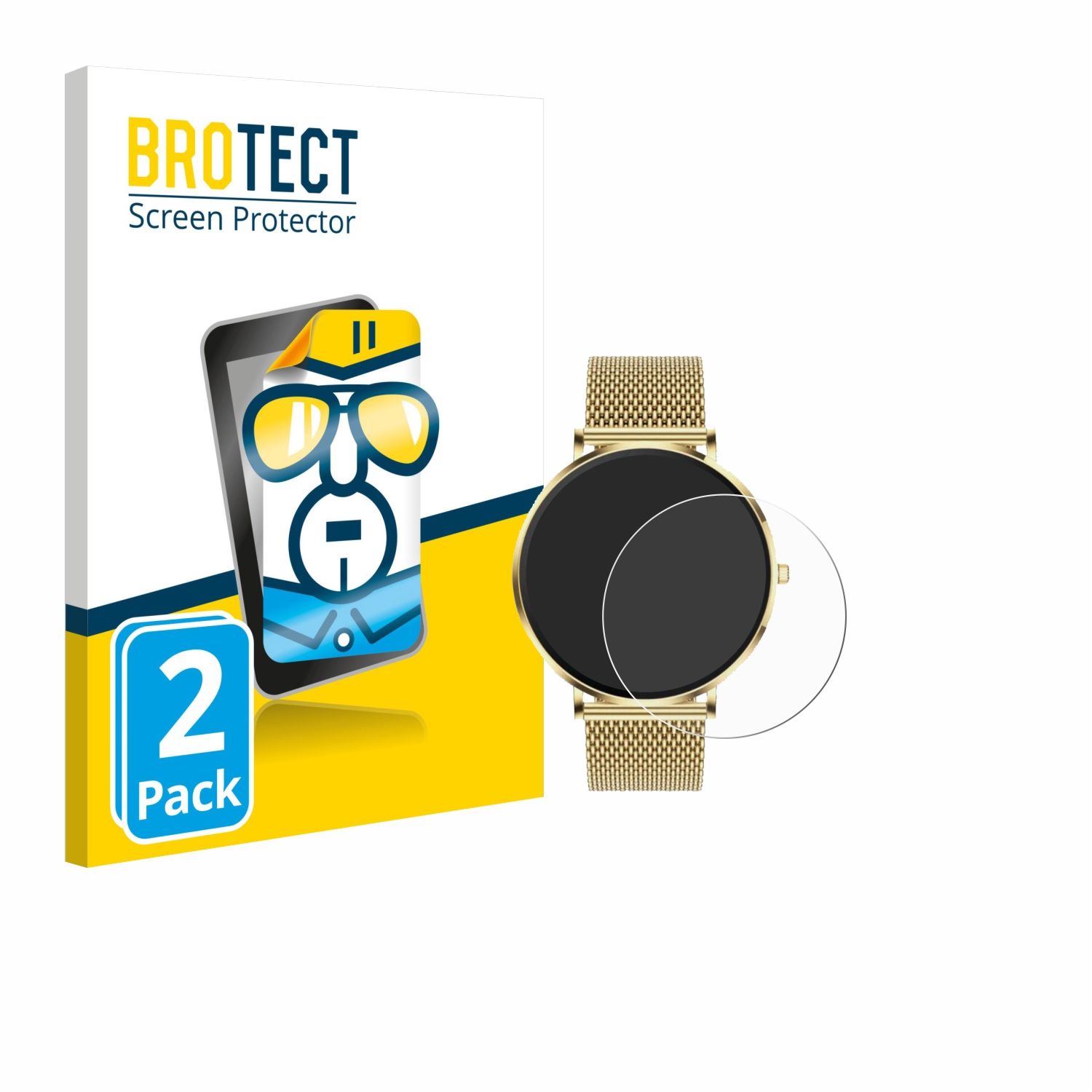 Das Bild zeigt eine Smartwatch und eine Displayschutzfolienverpackung. Die Uhr ist goldfarben mit schwarzem Bildschirm.