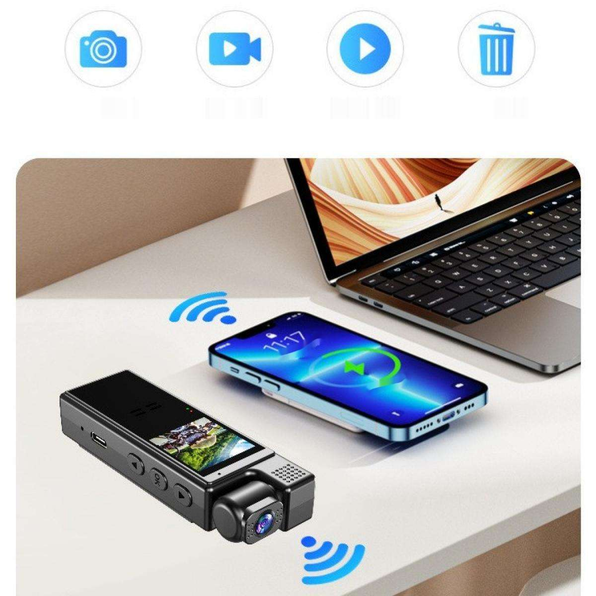 Auf einer weißen Oberfläche befinden sich eine Dashcam, ein Smartphone und ein Laptop. Drahtlose Symbole befinden sich in der Nähe der Geräte.
