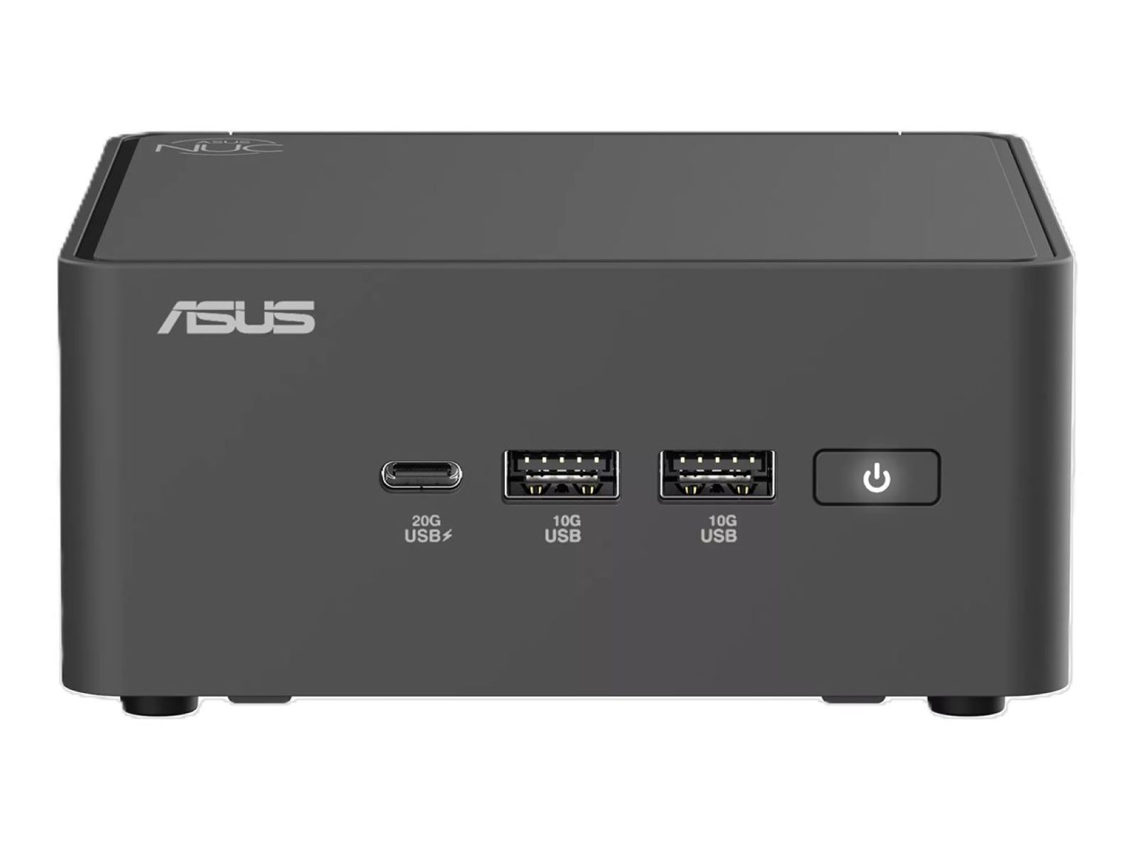 Ein dunkelgrauer ASUS NUC Mini-PC. Es hat das ASUS-Logo und mehrere Anschlüsse, darunter USB und einen Power-Knopf.
