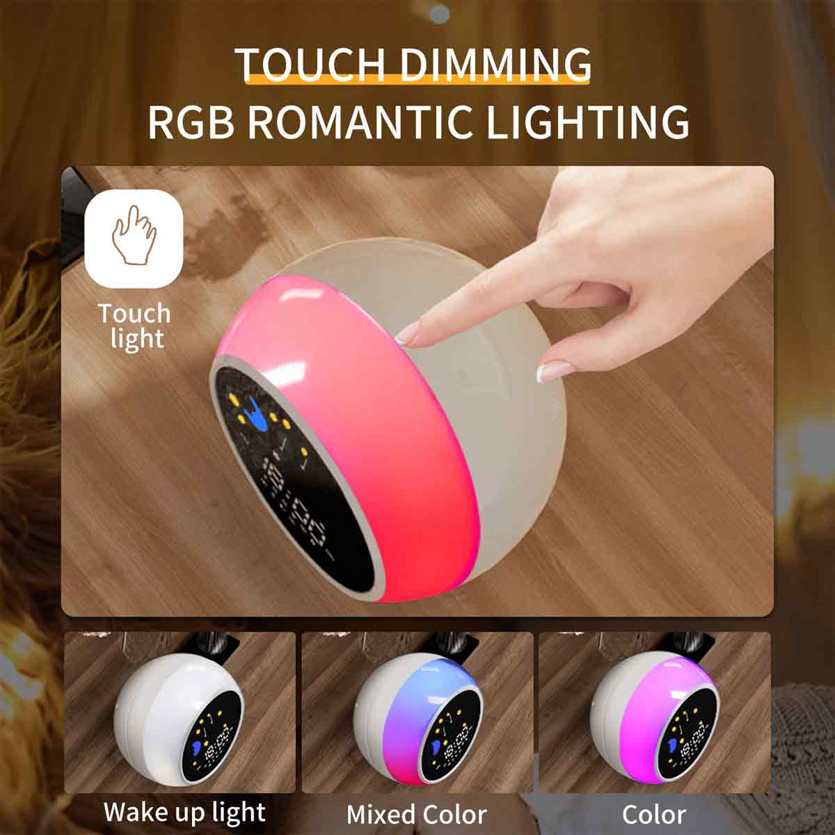 Eine Hand berührt ein Touch-Licht. Das Licht ist weiß mit einem rosa Band. Drei kleinere Lichter zeigen verschiedene Farben.