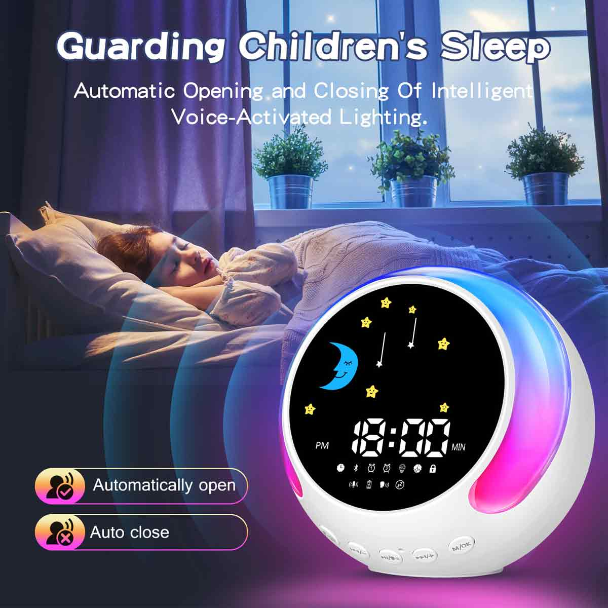 Ein Kind schläft, eine Uhr leuchtet mit Sternen und einem Mond. Text: Guarding Children's Sleep. Funktionen: Auto öffnen/schließen, sprachaktiviert.