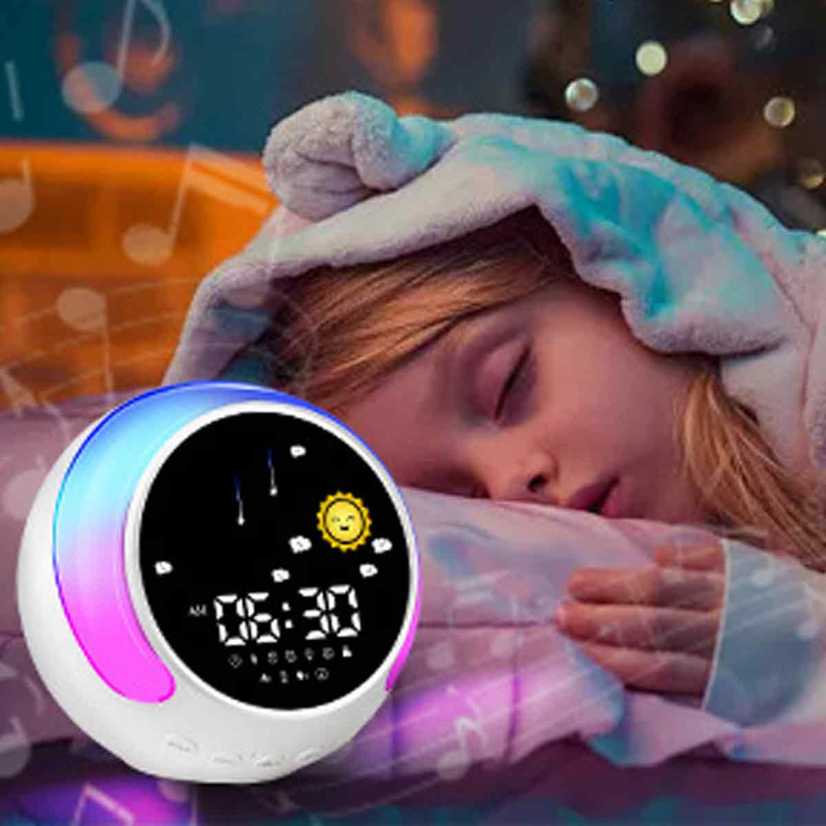 Ein Kind schläft neben einem Nachtlichtwecker mit der Anzeige 06:30. Die Uhr ist weiß mit farbigem Rand. Der Hintergrund hat Noten.