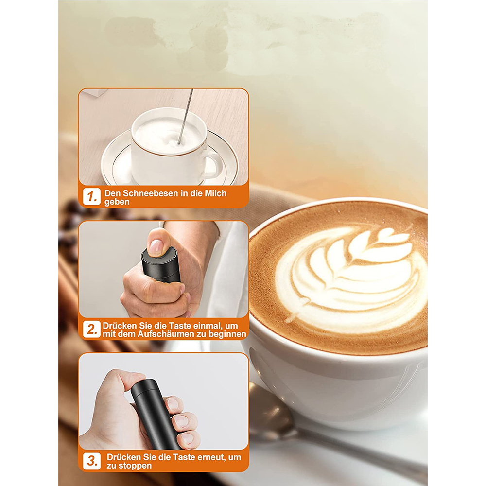 Das Bild zeigt, wie man Milch für Kaffee aufschäumt. Es enthält eine Tasse Kaffee mit Latte Art und Schritte mit einem Aufschäumer.