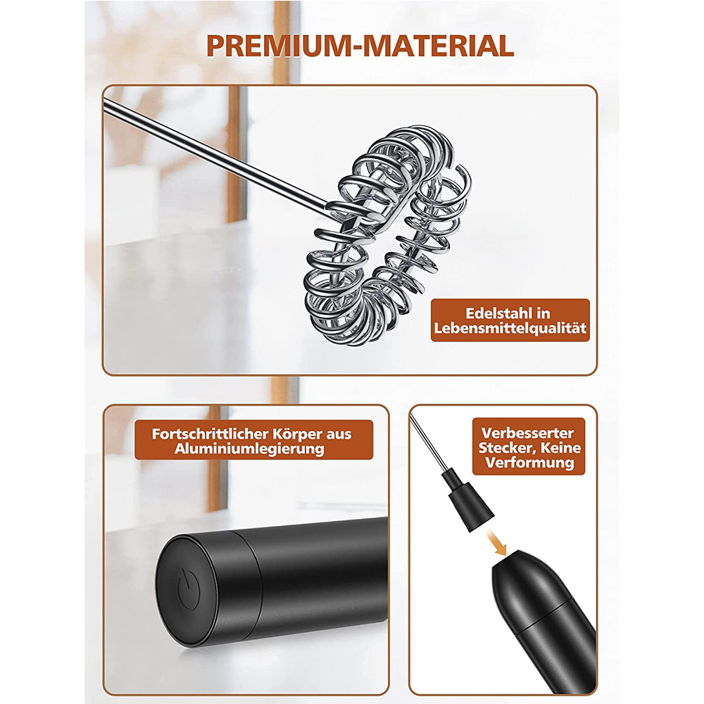 Das Bild zeigt einen Schneebesen aus Edelstahl, einen schwarzen Griff und den Stecker. Text: Premium Material, Edelstahl, Aluminiumlegierung und Verbinder.