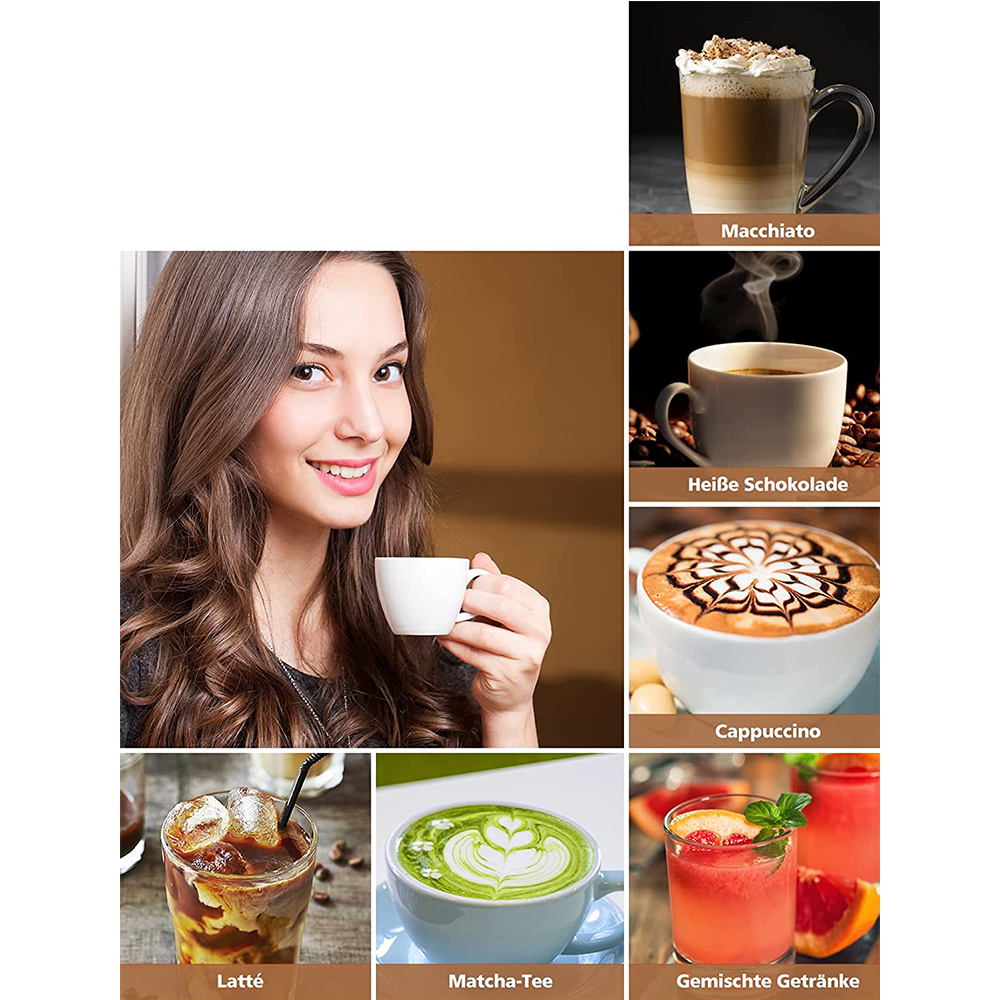 Eine Frau hält eine weiße Tasse und lächelt. Weitere Bilder zeigen verschiedene Getränke: Macchiato, heiße Schokolade, Cappuccino, Latté, Matcha-Tee und Mixgetränke.