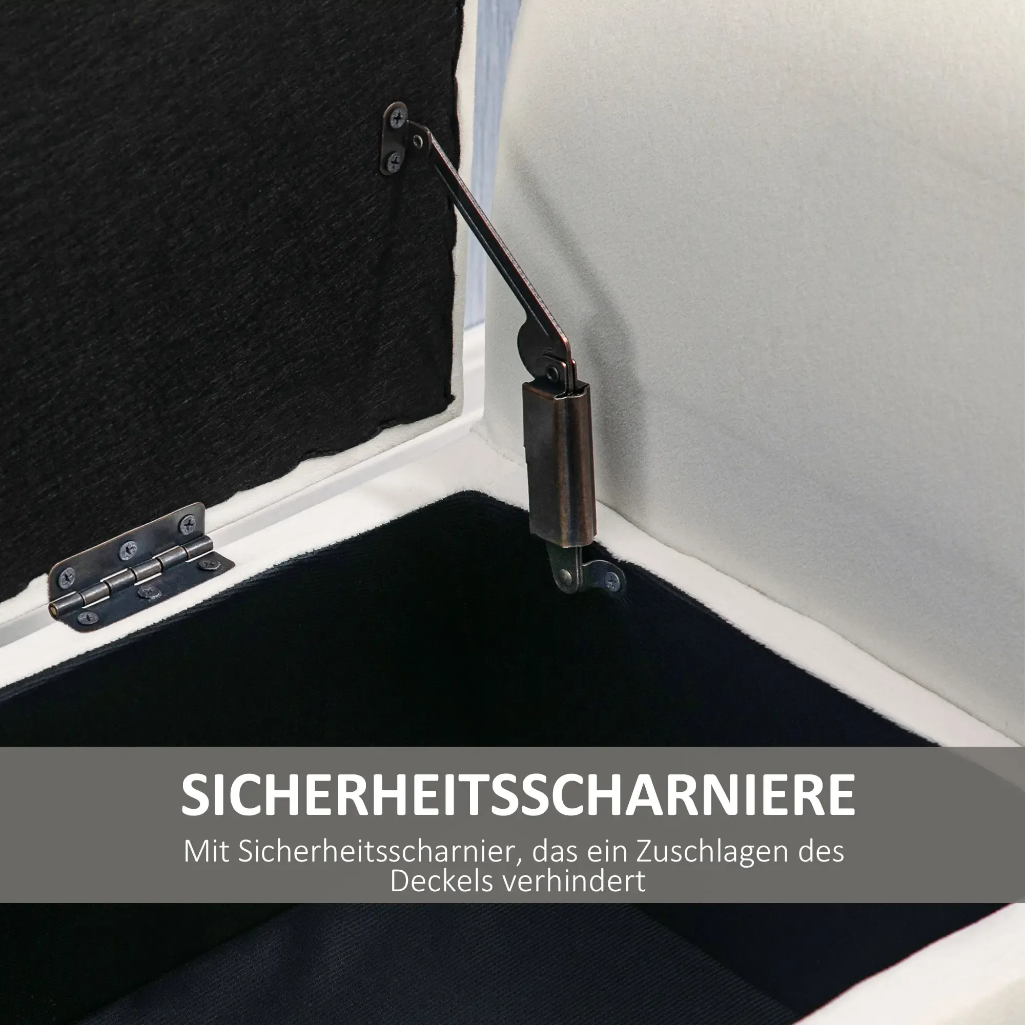 Nahaufnahme einer weißen Truhe mit schwarzem Innenraum. Sichtbar sind ein Metallscharnier und ein Sicherheitsmechanismus. Der Deckel ist halb geöffnet.