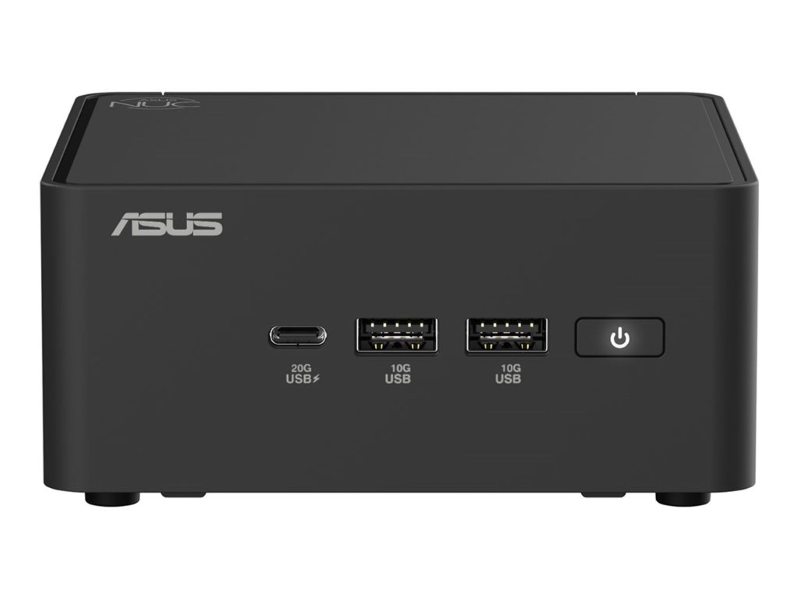 Schwarzer ASUS NUC Mini-PC. Verfügt über USB-Anschlüsse, einen Power-Button und das ASUS-Logo. Hat ein schlankes, kompaktes Design.
